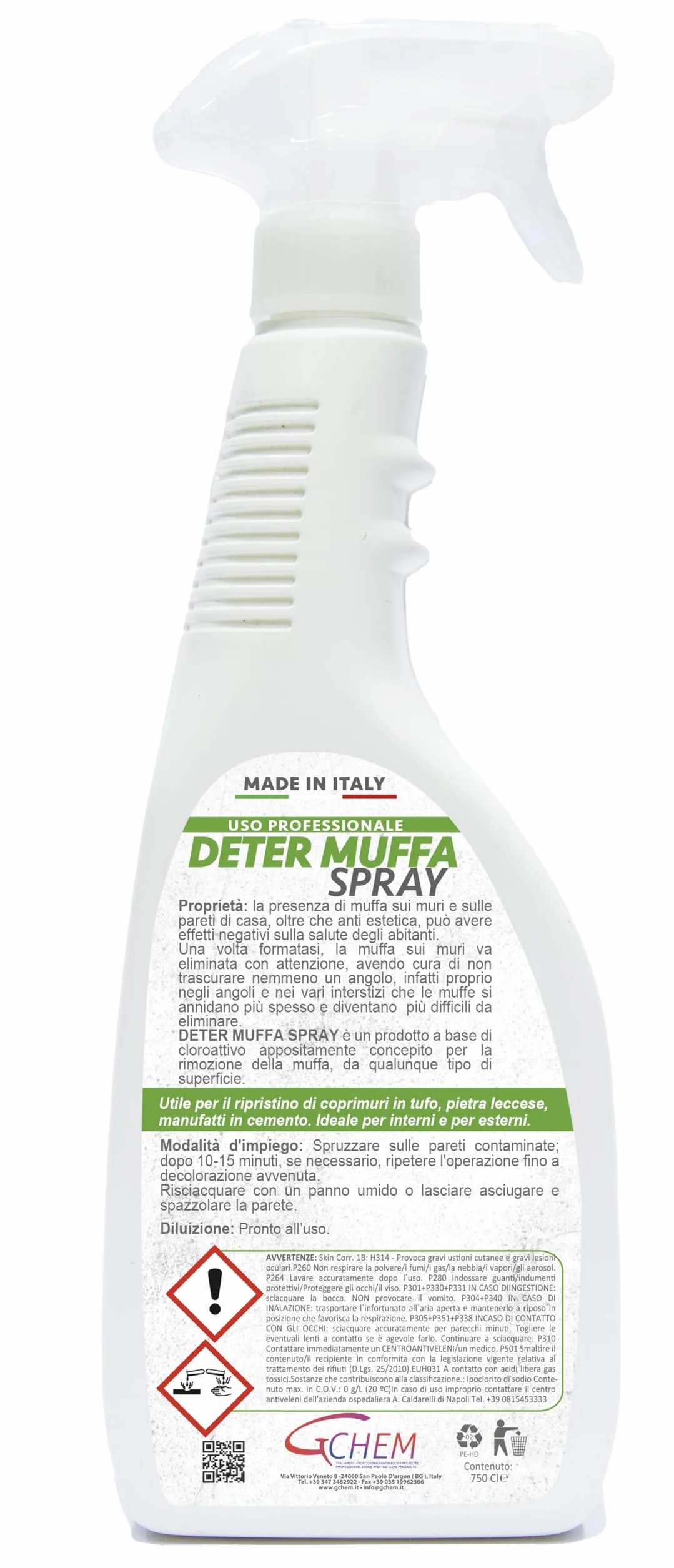 DETERMUFFA Spray Antimuffa 750 ml per Muri Interni ed Esterni, Azione Prolungata