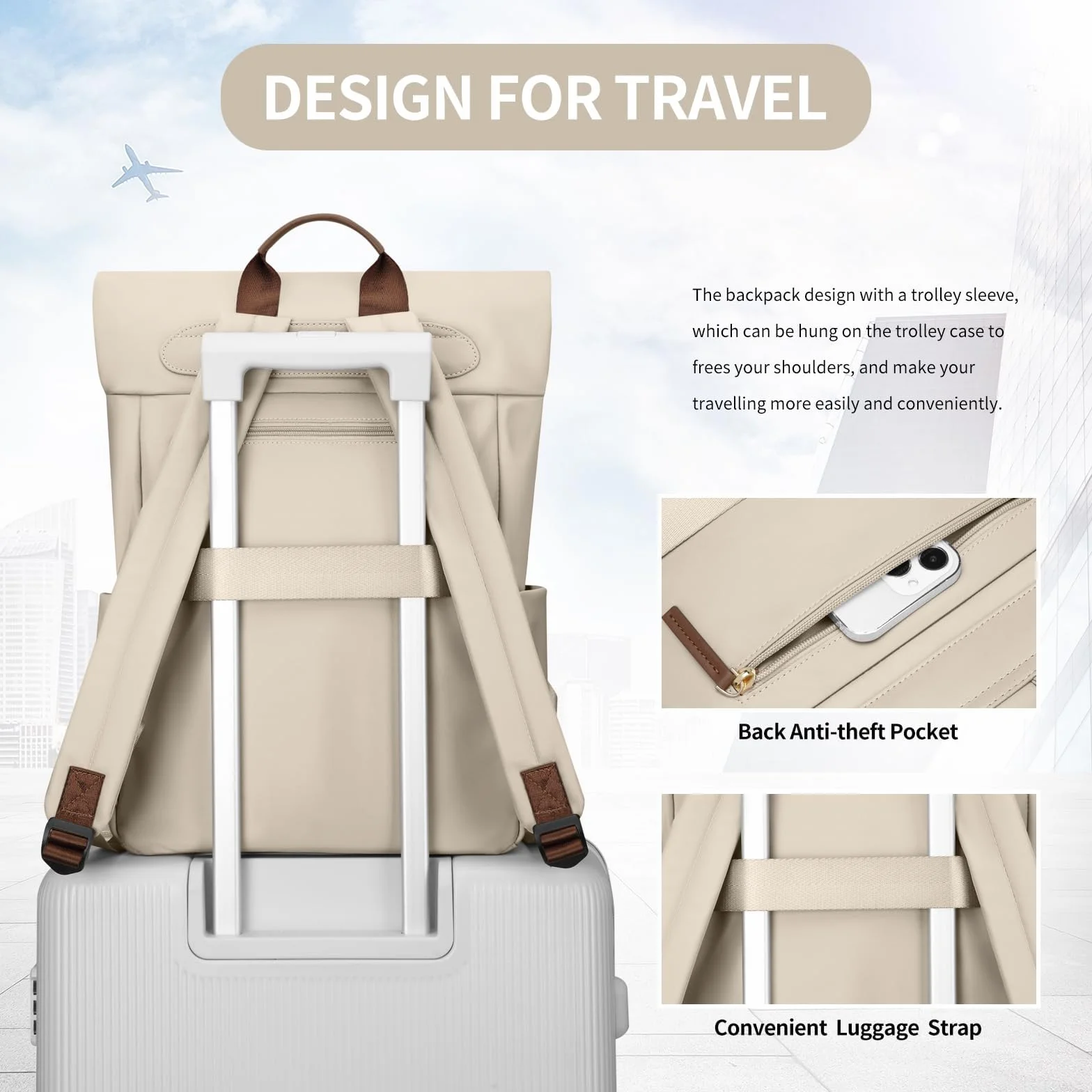 Zaino Donna per PC Portatile 15.6Pollici, Zaino Lavoro Uomo Impermeabile Antifurto, per Laptop, Computer Notebook Borse per Viaggio Ufficio Scuola,Mandorla