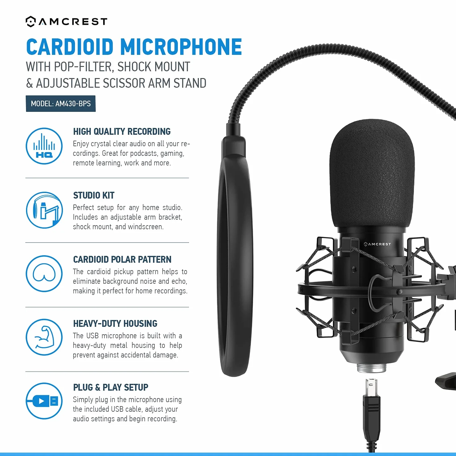 Amcrest AM430-BPS - Microfono USB per registrazioni vocali, podcast, giochi, conferenze online, Live Streaming, microfono cardioide con braccio braccio, filtro pop, supporto a scossa, AM430-BPS