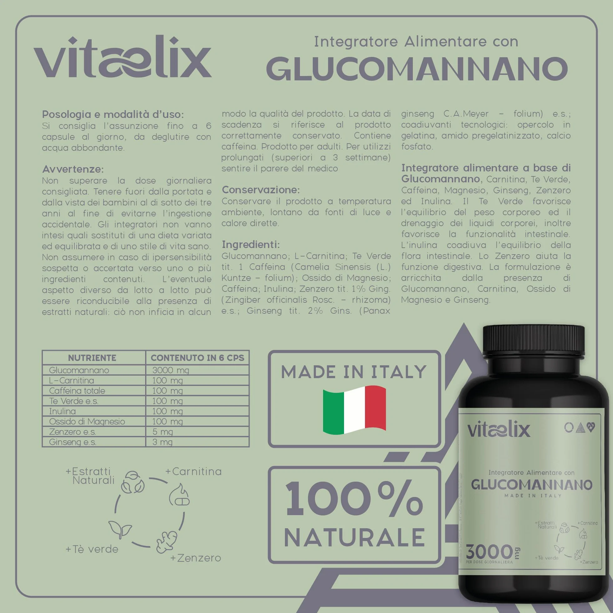 Glucomannano Forte 3000 Mg 120 Capsule Integratore Alimentare con Inulina, Carnitina, Zenzero, Ginseng, Tè Verde, Magnesio - Vitaelix®