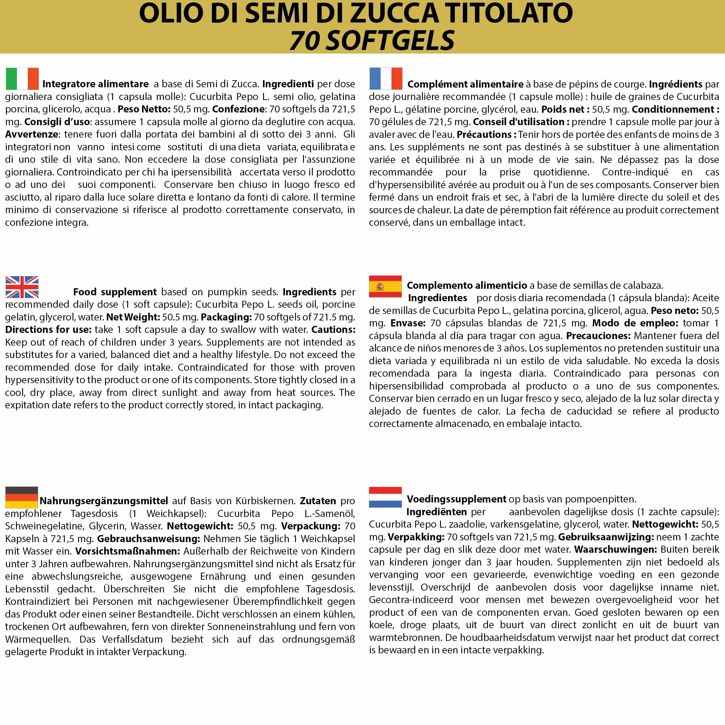Semi di Zucca 140 Softgels Olio Spremuto a Freddo Omega 3 6 9 Acido Linoleico Oleico