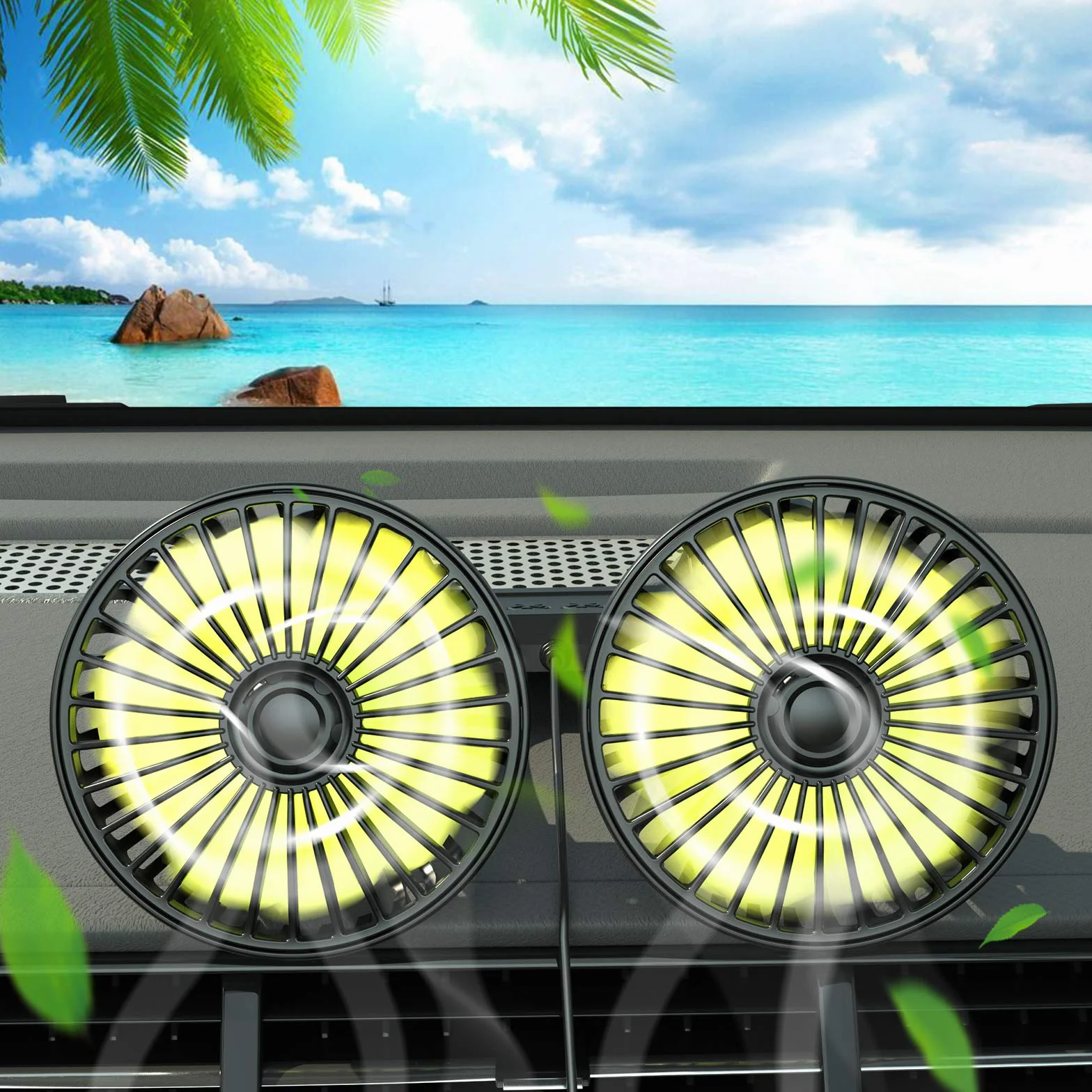 Ymenow 5V 2A Ventilatori USB a Doppia Testa, Ventilatore auto ventilatore portatile ventilatore da tavolo silenzioso ventilatore aria fredda con Rotazione di 360 Gradi per Auto, Cruscotto e Ufficio