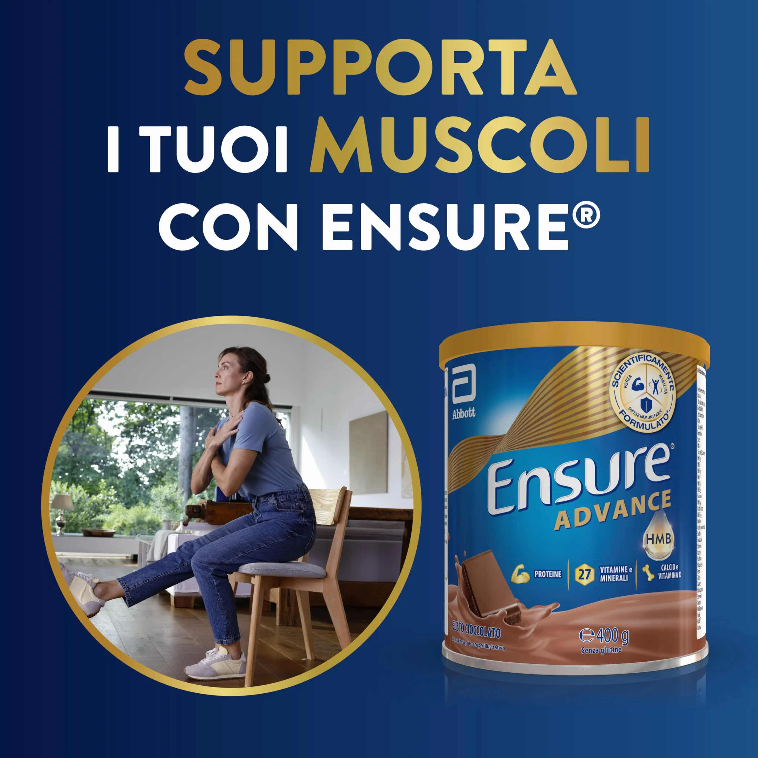 Ensure Advance Integratore Alimentare Proteico in Polvere 27 Vitamine e Minerali Proteine Calcio HMB 400g Gusto Cioccolato