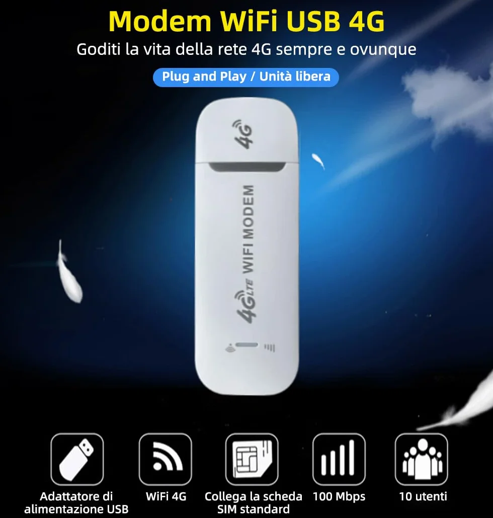 Modem Sim 4g LTE Wifi Portatile, Spina USB, Router Wireless da 150 Mbps con Supporto per Slot per Schede SIM, Supporto per Hotspot da Viaggio Portatile LTE B1/B3/B7/B8/B20/B38/B40/B41 white