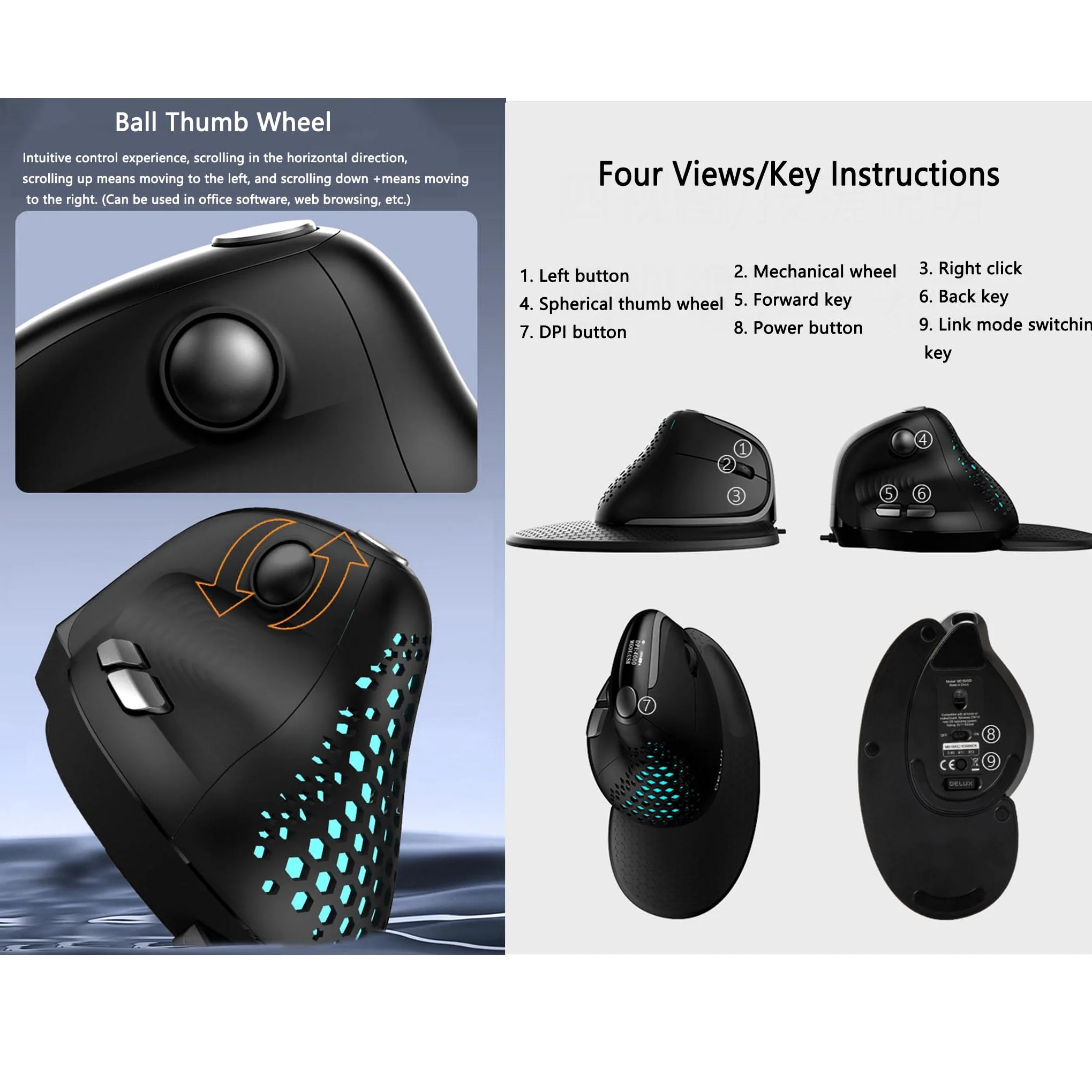 Mouse wireless per computer portatile, USB Bluetooth ricaricabile, design ergonomico verticale, 2,4 GHz, dispositivo di puntamento con rotella per pollice fotoelettrico
