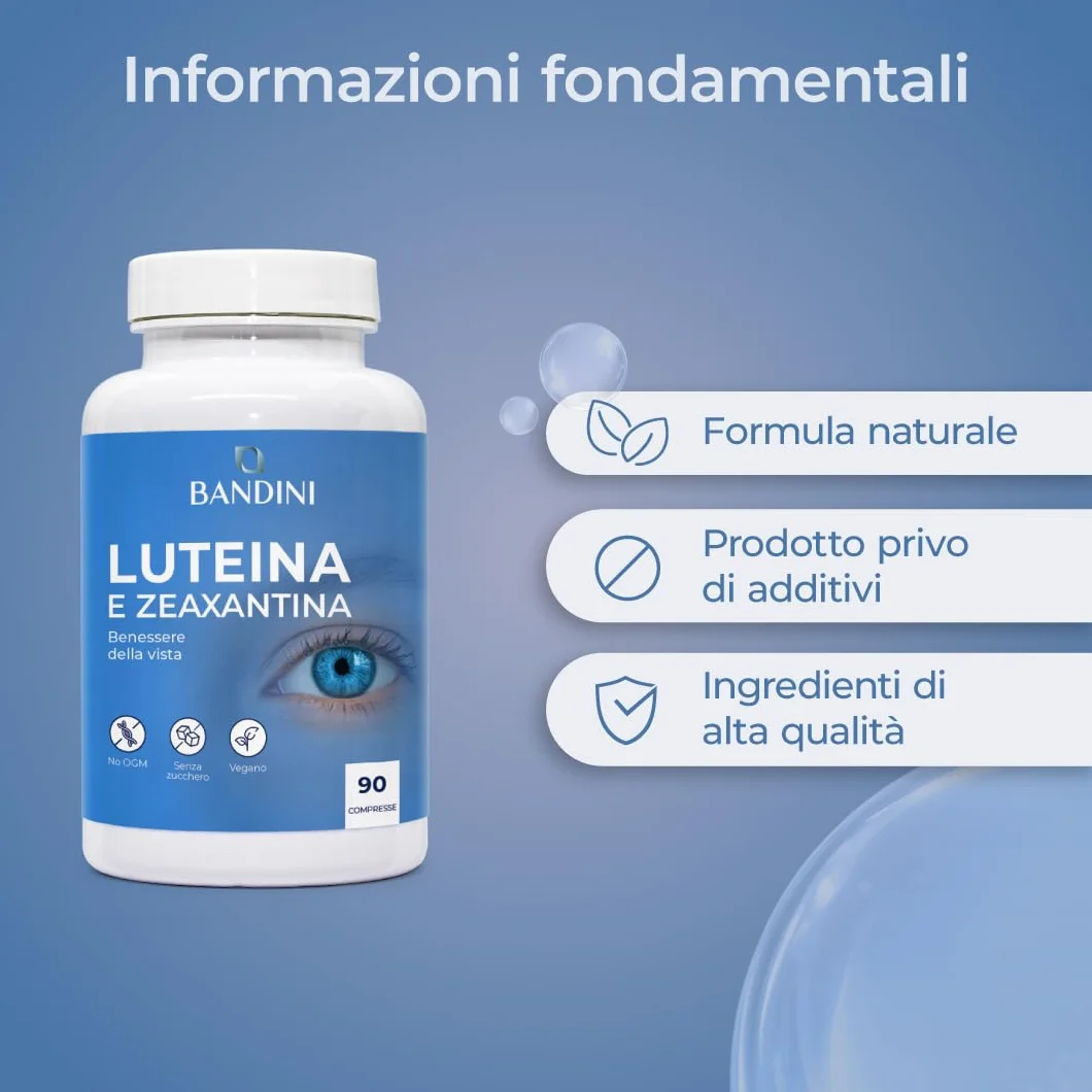 Bandini Luteina e Zeaxantina ad Alto Dosaggio, Integratore Occhi Vista Antiossidante con Mirtillo Nero e Vite Rossa, Zinco, Vitamine A, B2, E – 90 Compresse