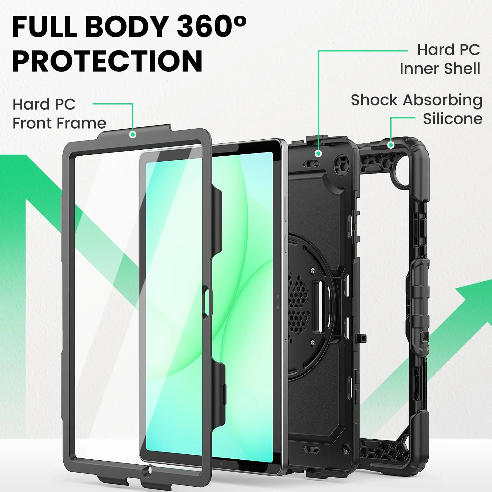 Seymac Custodia Samsung Galaxy Tab A11+ Plus 11" 2025 SM-X230/X235/X236 Antishock Protezione Schermo Supporto Girevole 360° Cinghia Mano Spalla Portastilo Nero
