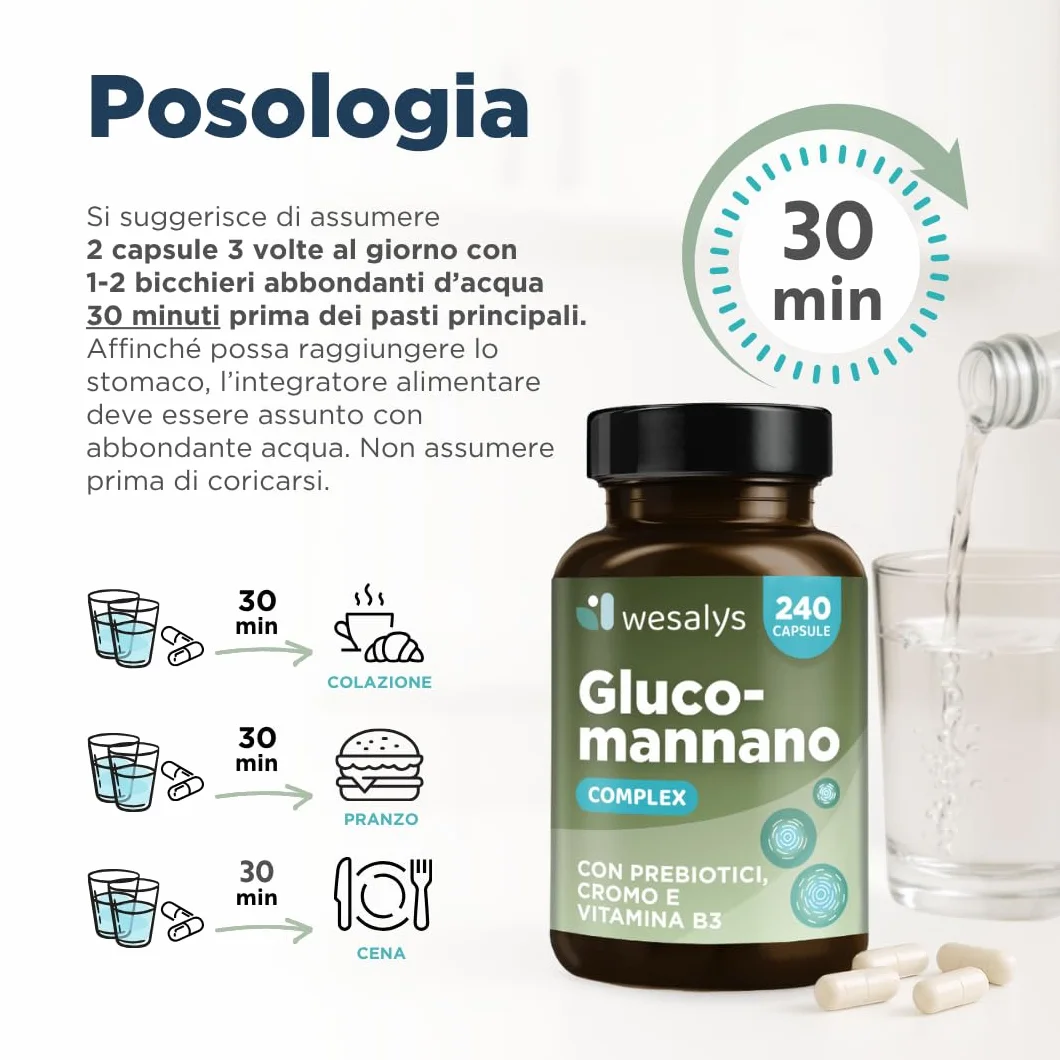 Wesalys Glucomannano Forte 4.200 mg 240 Capsule Integratore Ad Alto Dosaggio con Cromo Vitamina B3 Prebiotici