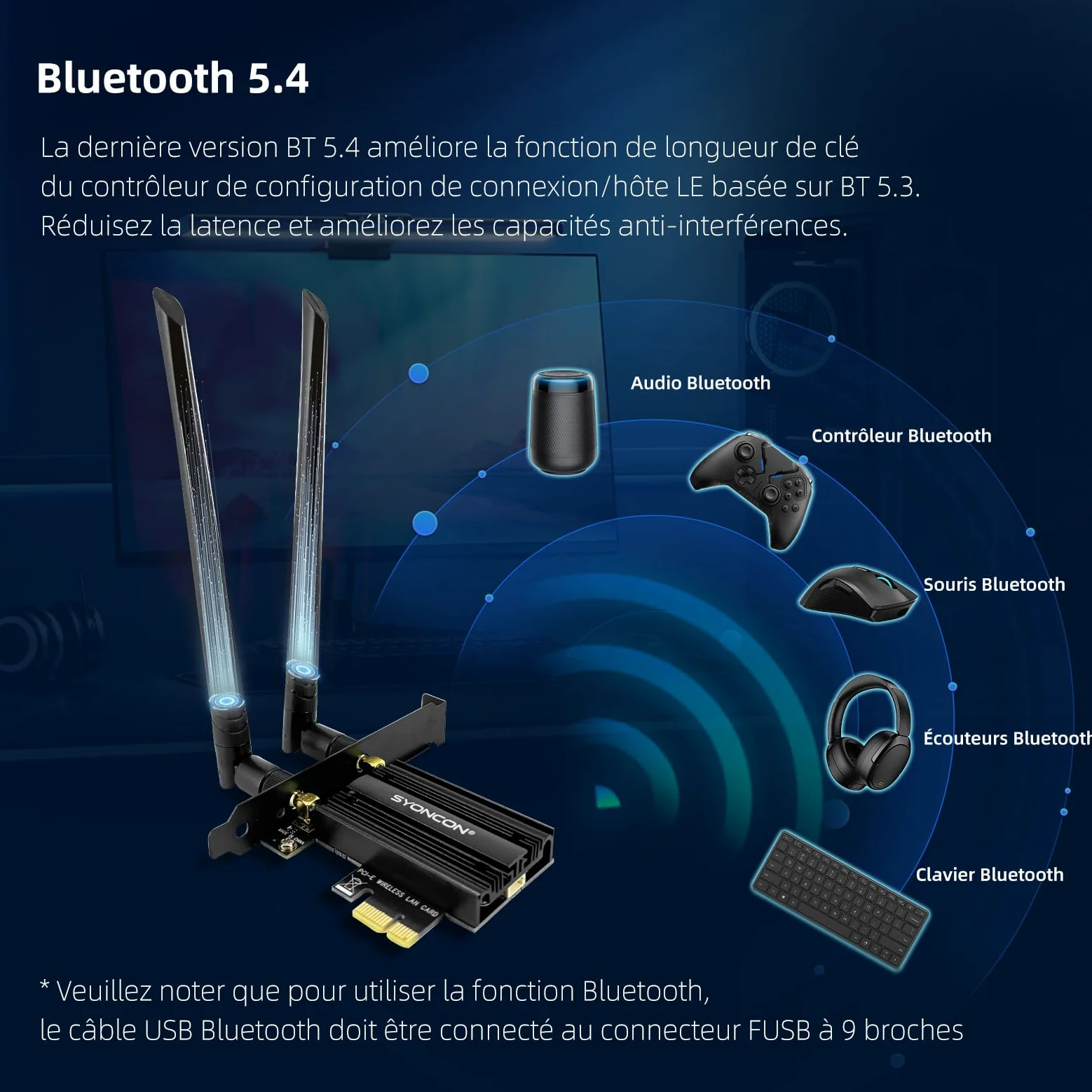 Scheda WiFi 7 PCIe BE6500, Adattatore Wi-FI con Bluetooth 5.4, Tri-Band (6GHz Max 2882Mbps, 5GHz Max 2882Mbps, 2.4GHz Max 574Mbps) PCI Express Scheda di rete per PC Windows 11