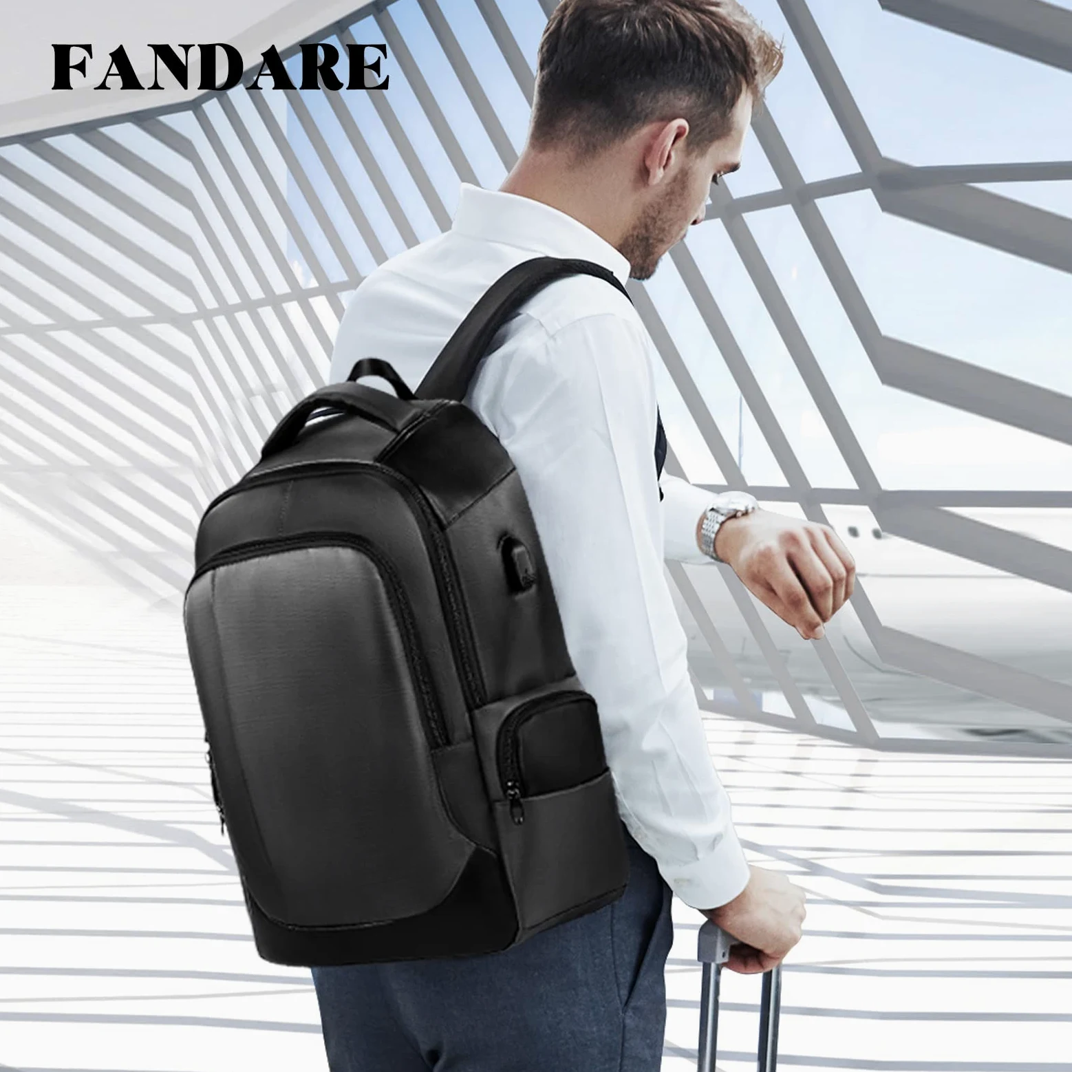 FANDARE Zaino Unisex con Porta USB - Borsa per Computer 15.6 Pollici, Universitaria da Scuola e Lavoro, Impermeabile Poliestere Nero