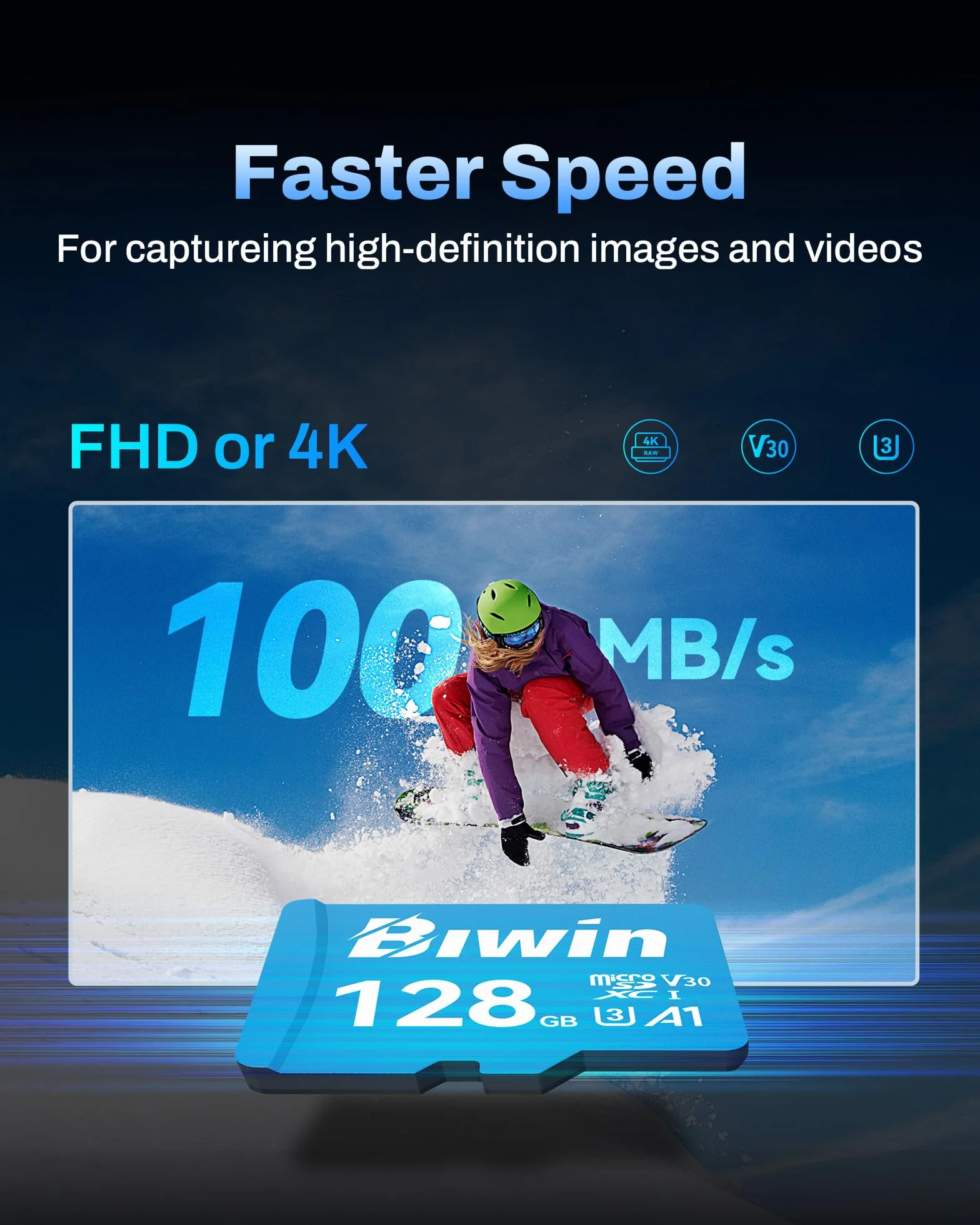 Biwin Scheda di memoria MS100 MicroSDXC UHS-I 128 GB – Lettura fino a 160 MB/s – A1 V30 U3 4K UHD video per la registrazione video di smartphone/tablet/fotocamera digitale Canon Sony