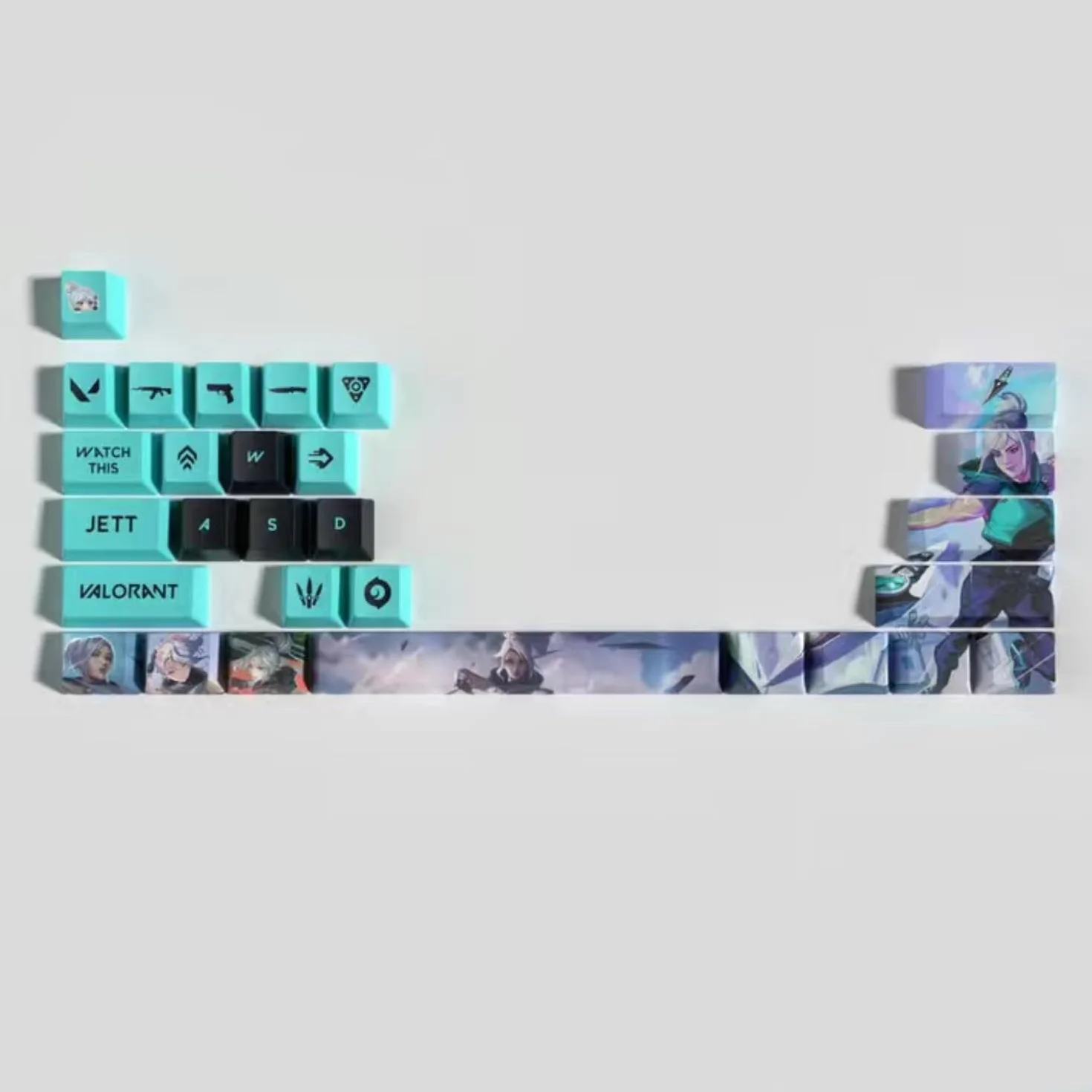 Valorant Jett Set di 29 Keycaps PBT ad alta densità OEM Profile Dye Sublimazione Layout Ideale per Creatori di Contenuti e Amanti di Esport
