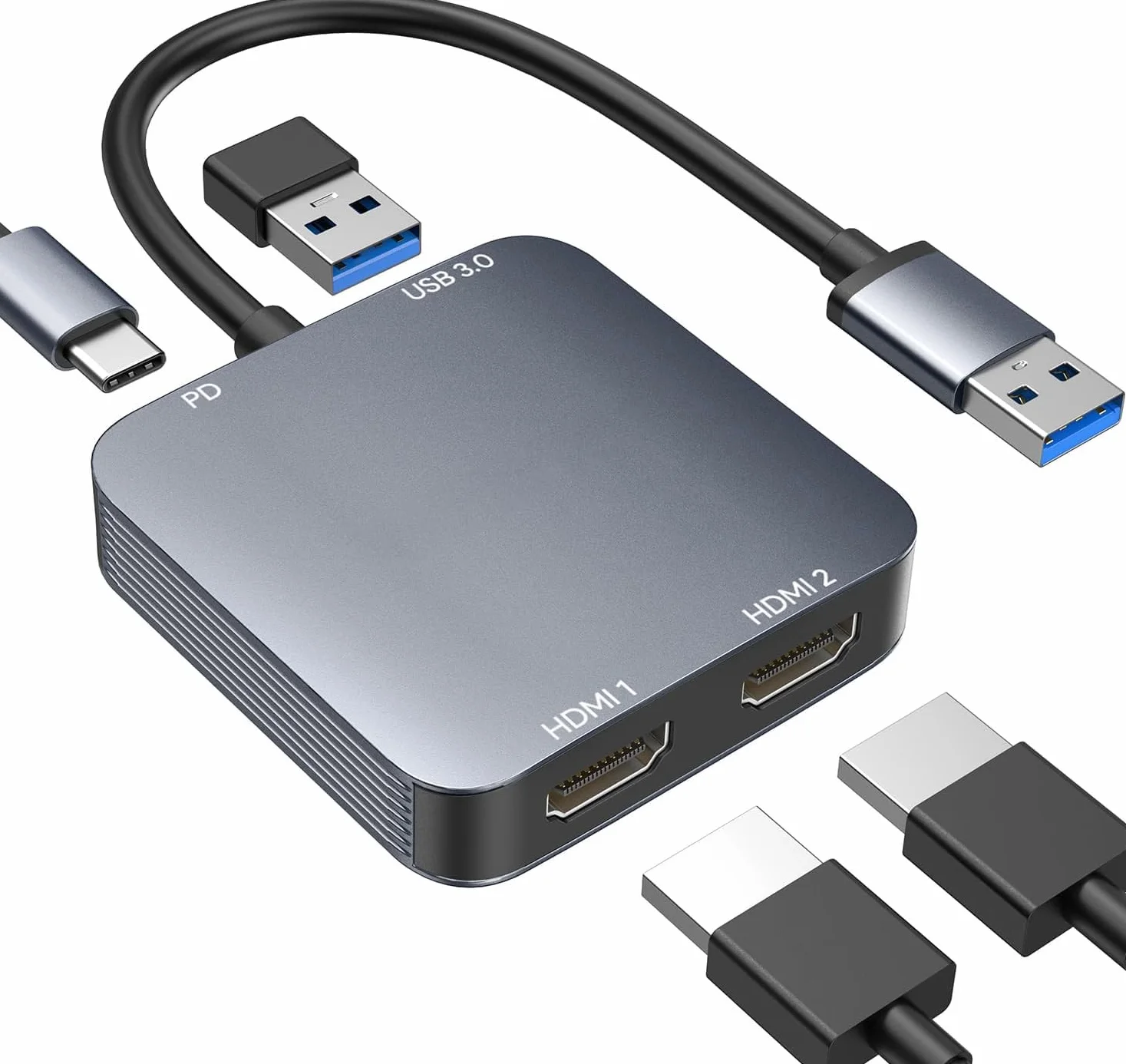 ABLEWE Adattatore da USB 3.0 a doppia HDMI con porta USB 3.0 4 in 1, cavo convertitore da HDMI a USB audio video grafico per computer portatile, monitor desktop TV, compatibile con Mac OS, Windows