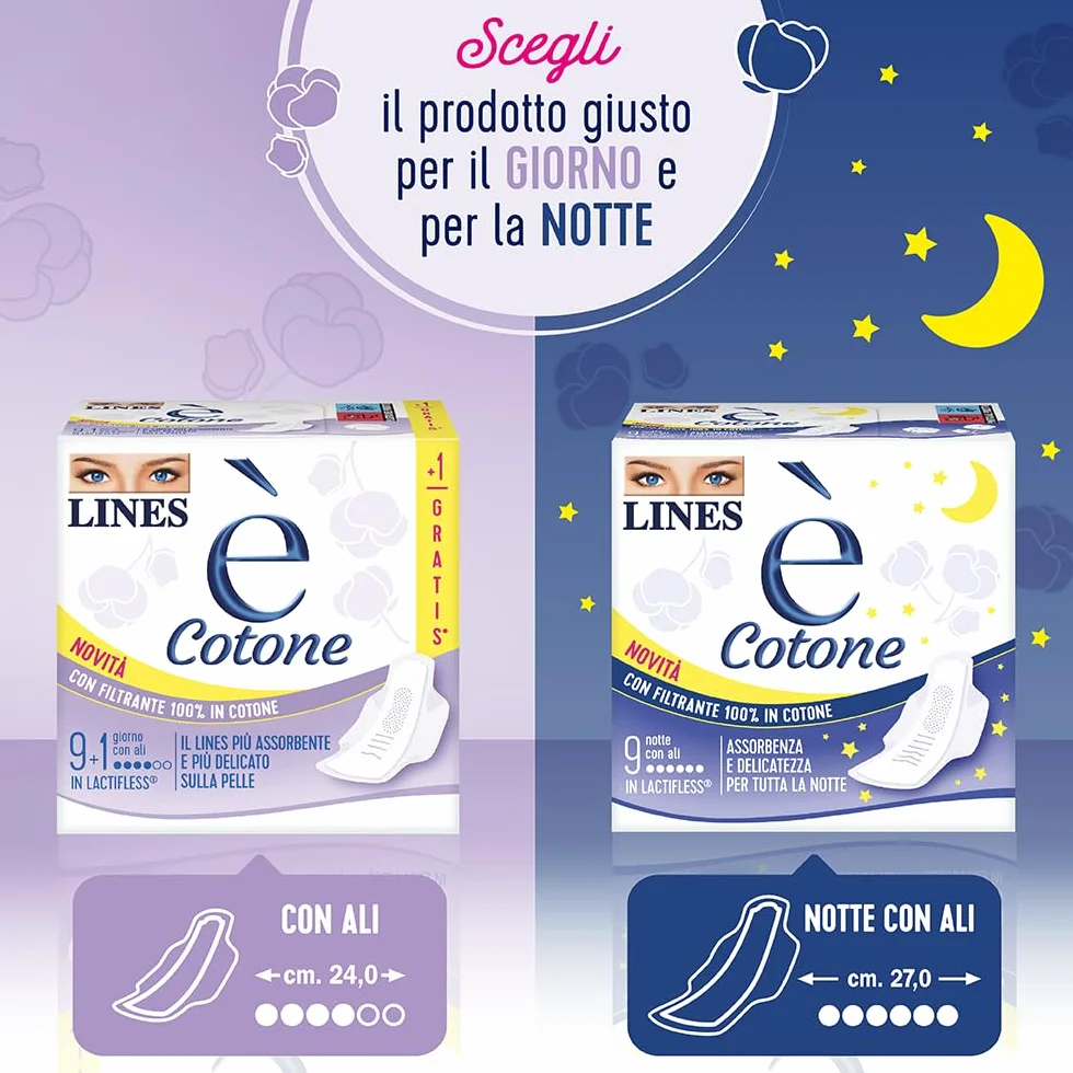 LINES E' COTONE GIORNO con ali assorbenti mestruali 10 pezzi Lactifless cotone delicato