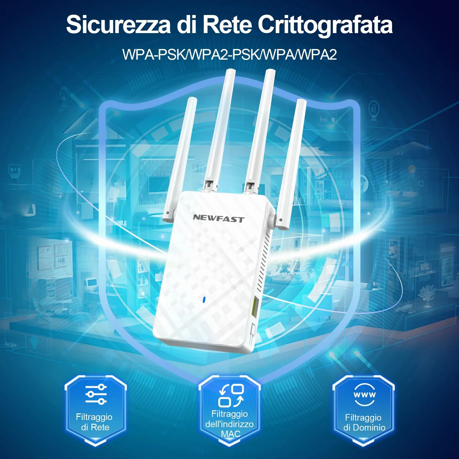 NEWFAST Ripetitore WiFi Potente per Casa, Extender WiFi Potente 2.4GHz N300 Amplificatore Wi-Fi con 4 Antenne ad Alto Guadagno, Porta LAN, Supporta 4 Modalità, WPS Funzione (RE516)