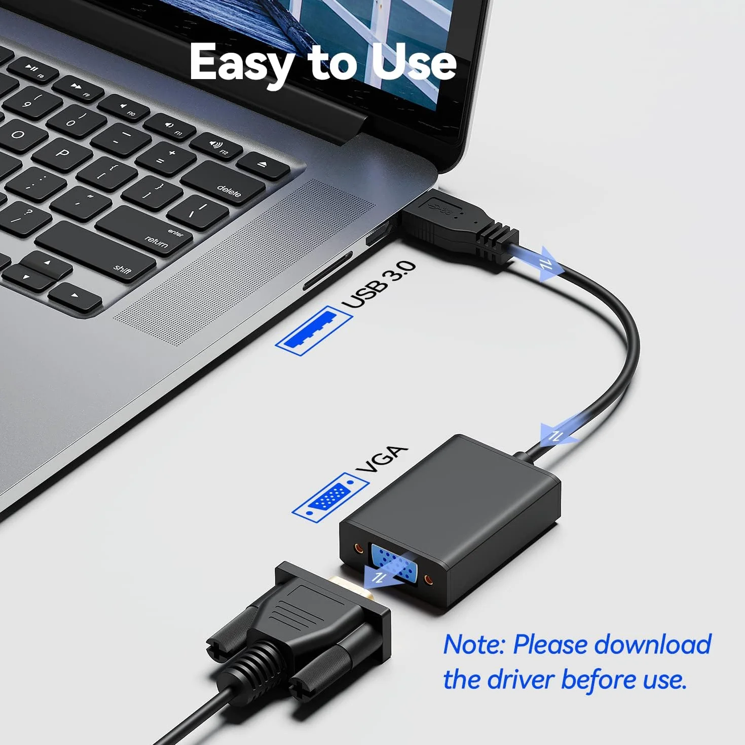 Generico USB a VGA Adaptador, USB 3.0/2.0 a VGA 1080P Conversor (Macho a Hembra)，Convertidor de Cable Externo de Pantalla Múltiple para Win 10/8.1/8/7/XP