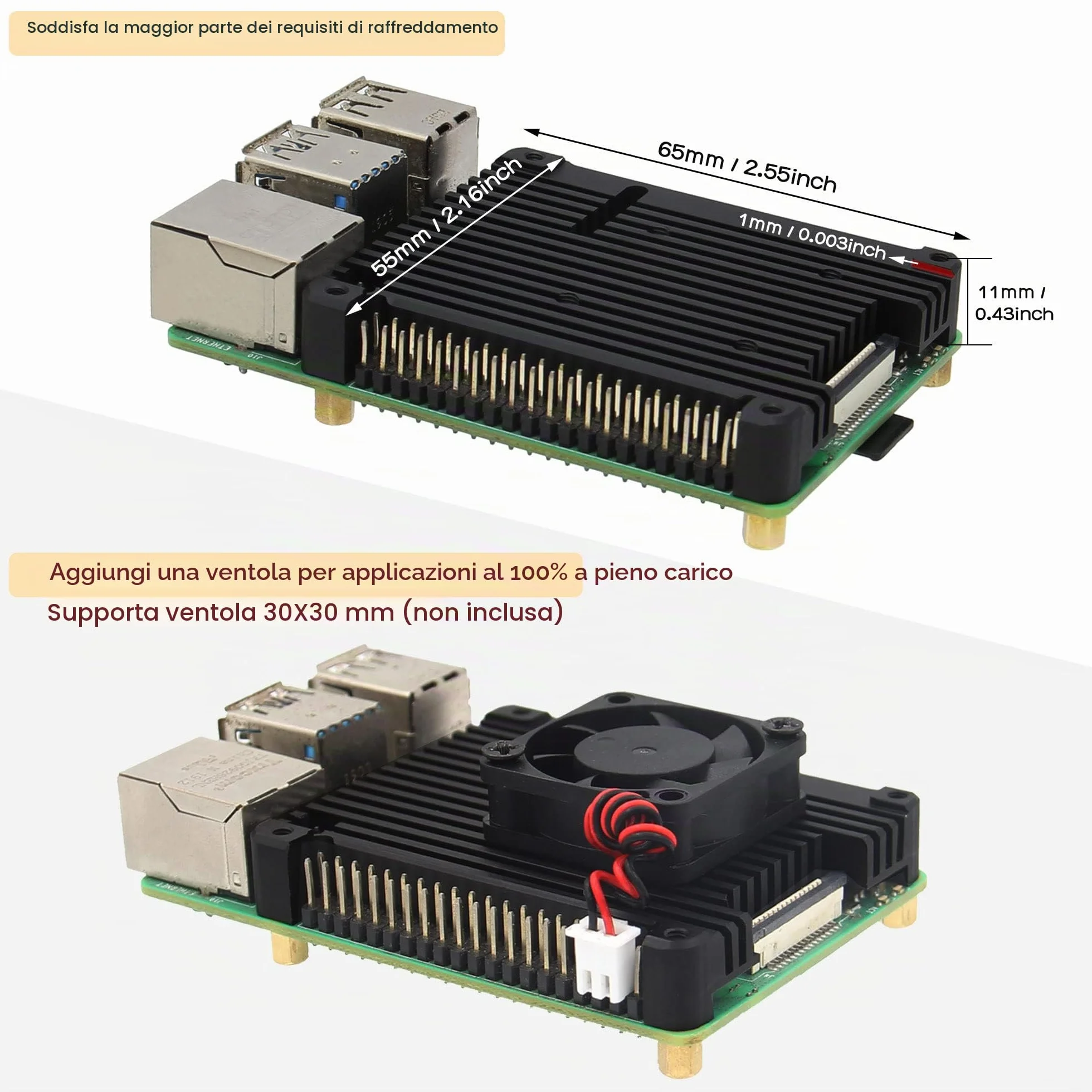 Geekworm Raspberry Pi 4 11 mm Embedded Dissipatore (P165-B), Raspberry Pi 4B Dissipatore di Calore/Radiatore per Raspberry Pi 4 Modello B & Pi 4 Scheda di Espansione Supporto POE Estensione