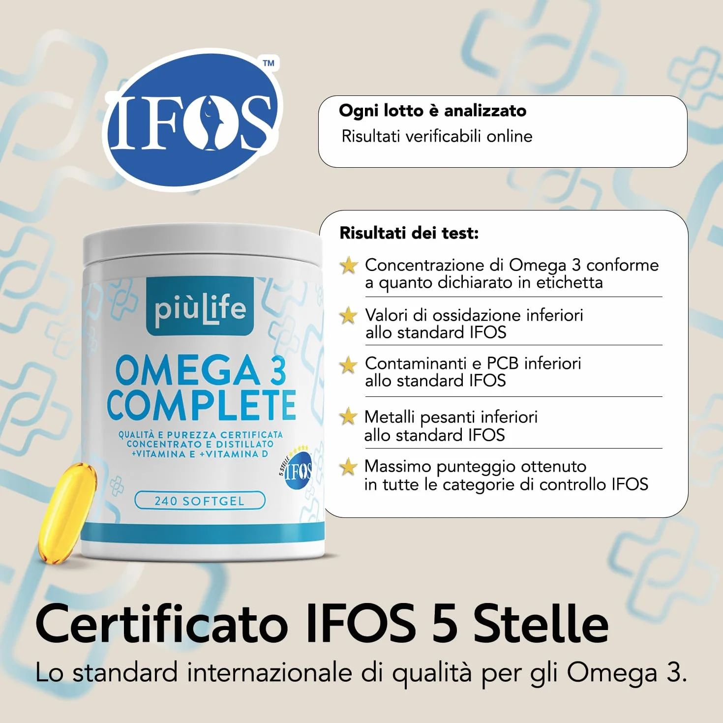 Omega 3 IFOS 5 Stelle Certificato Con Vitamina D3 2000 UI PiùLife, 240 Softgel 2000mg EPA, 1000mg DHA Olio di Pesce