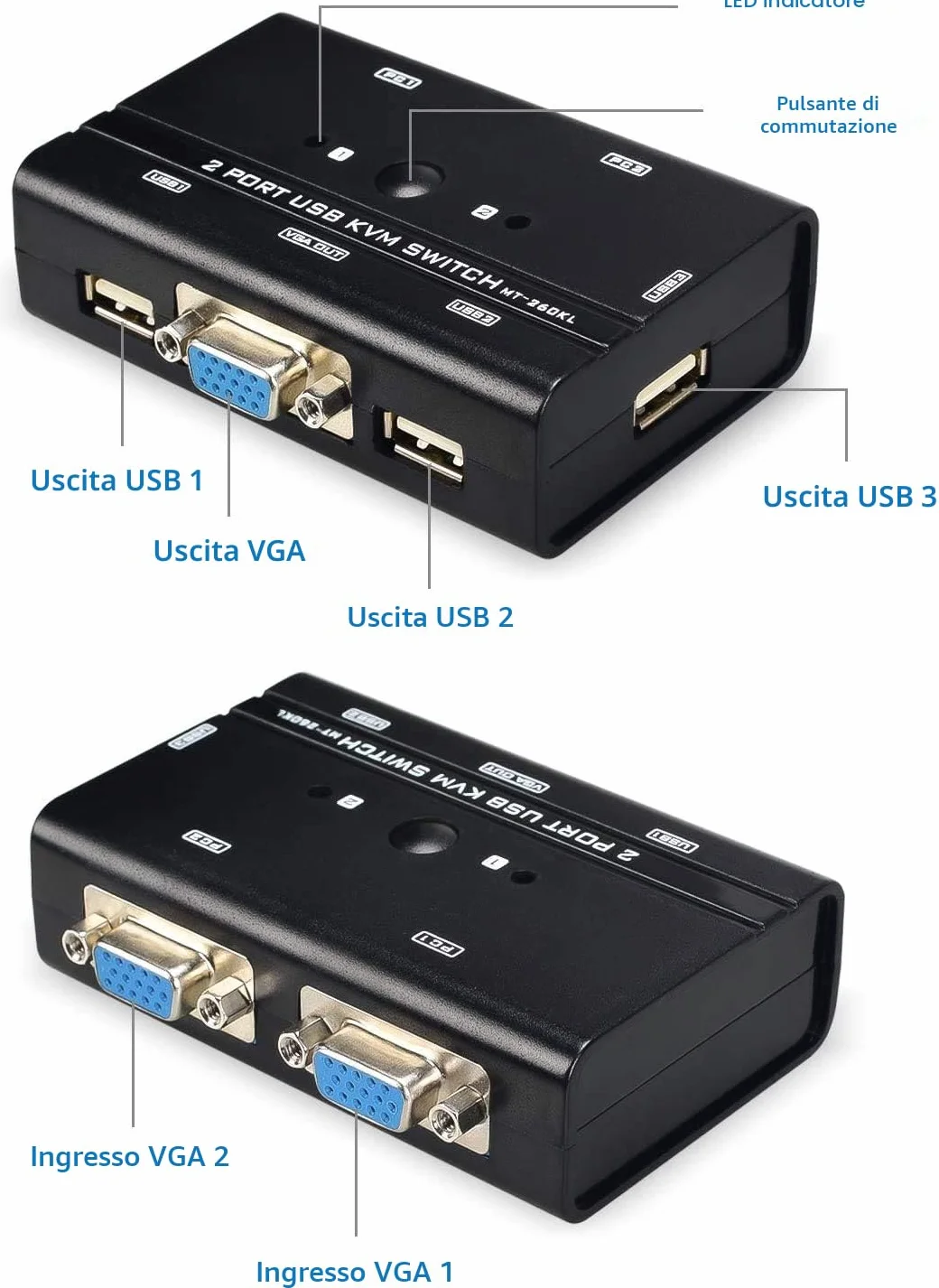 TCNEWCL KVM Switch VGA 2 PC 1 Monitor, 2 porte Commutatore VGA USB con 2 Cavi KVM, per PC Monitor Tastiera Mouse Scanner Stampante
