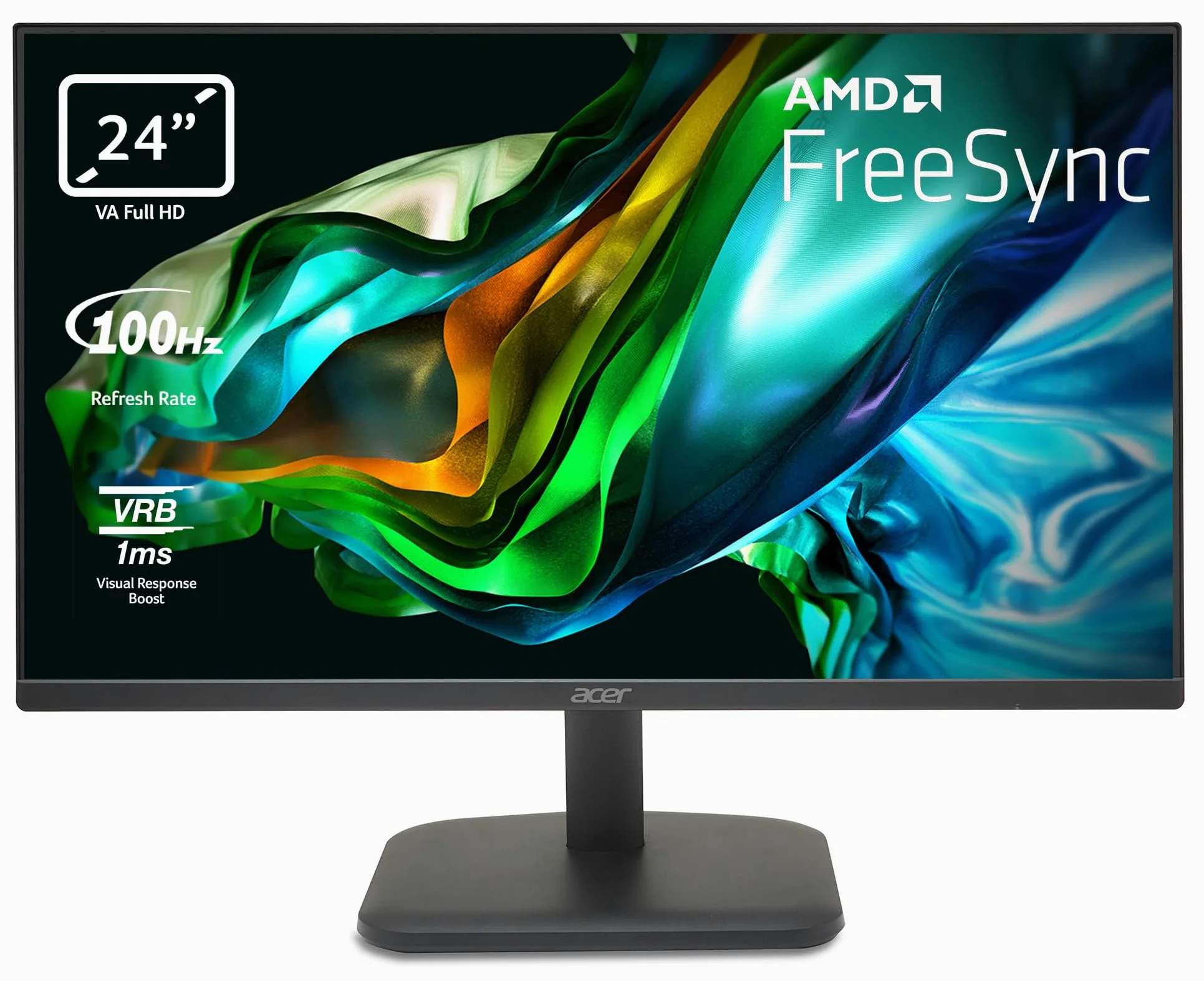 acer EK241YHbif Monitor PC 24", Display VA Full HD, 100 Hz, 1 ms (VRB), 16:9, FreeSync, VGA, HDMI 1.4, Lum 250 cd/m2, Schermo PC con Contrasto 100M:1, ZeroFrame, Cavo HDMI Incluso, Nero