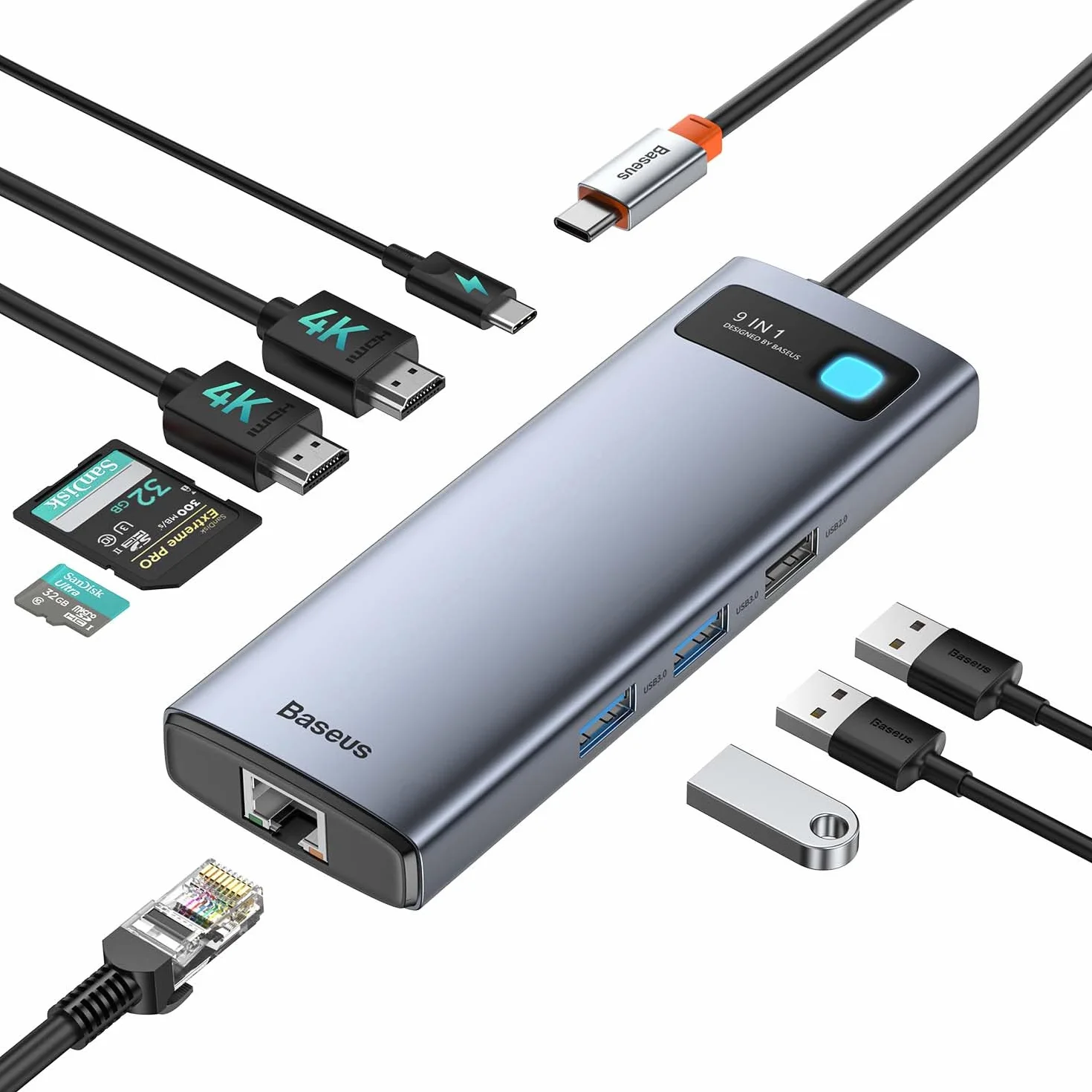 Baseus Docking station per computer portatile, doppio monitor, 9 in 1 USB C HUB con 1000 Mbps, 2 HDMI 4K, 100 W PD, lettore di schede SD/TF, 3 USB, adattatore multiporta USB C per MacBook/Dell/HP