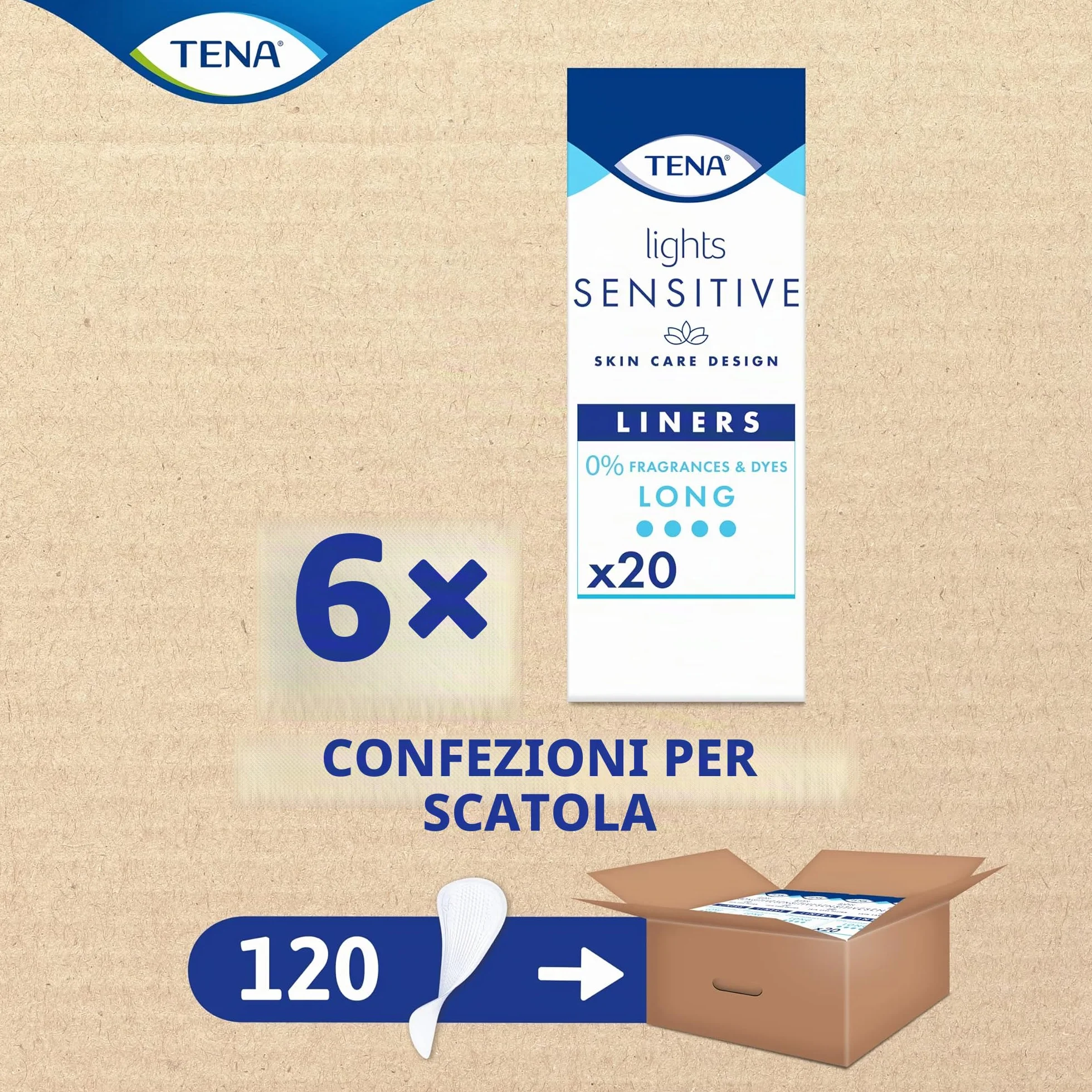 TENA Lights Sensitive Proteggi-slip lungo, pacco scorta mensile, 6x20 pezzi