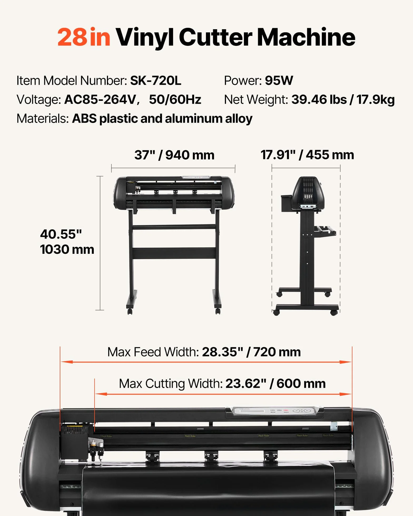 VEVOR Plotter da Taglio Vinile, Macchina da Taglio per Vinile, Macchina Taglierina, Larghezza di Alimentazione max. 720 mm, Doppie lame, Forza e Velocità Regolabili, Display LED con Fogli Adesivi