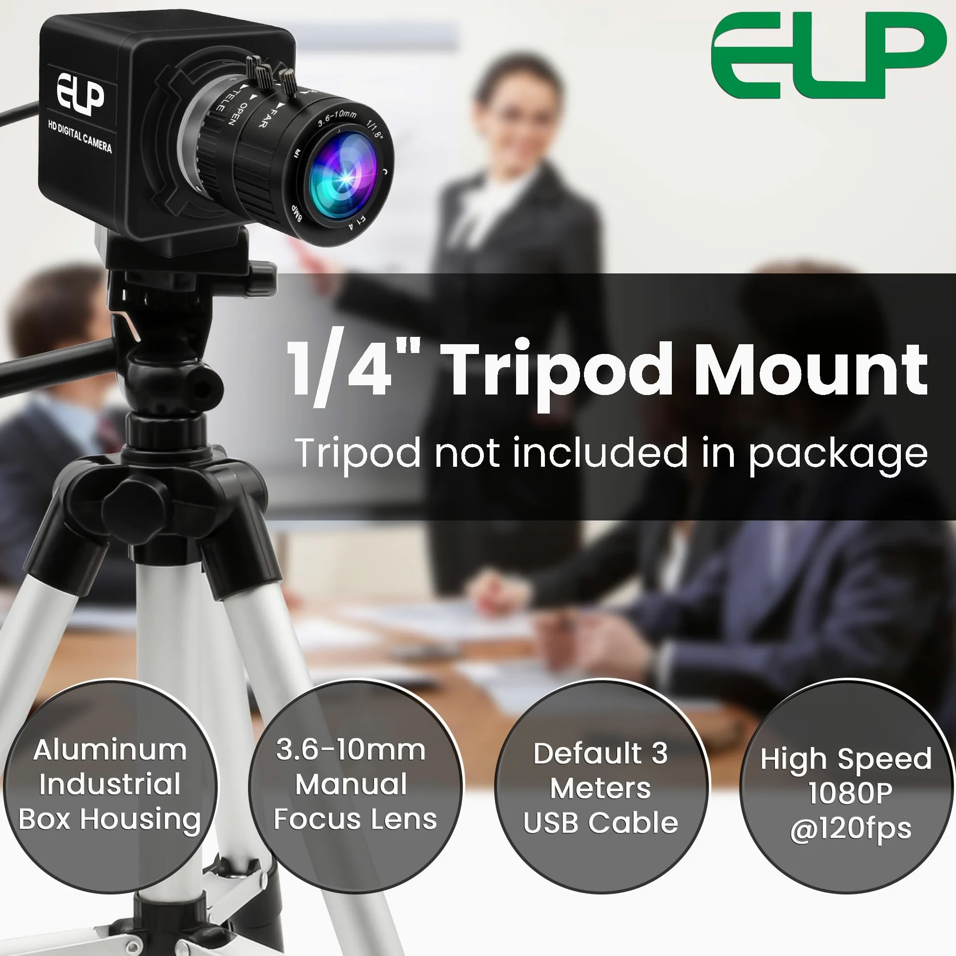 ELP Webcam con zoom manuale da 12 MP USB per computer 1080P 120fps Messa a fuoco variabile Lightburn Camera ad alta velocità 3.6-10mm Zoom 3X USB2.0 PC Cam Varifocal USB Security Webcam per