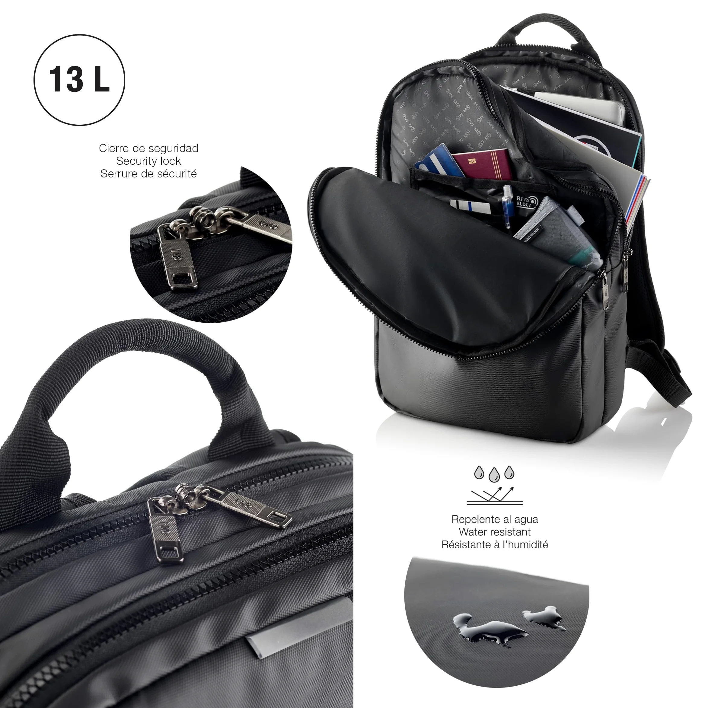 Miquelrius - Zaino per computer da 13 l, tasca antifurto RFID, dettagli riflettenti, chiusura di sicurezza, adattabile trolley, zaino portatile + tablet, idrorepellente