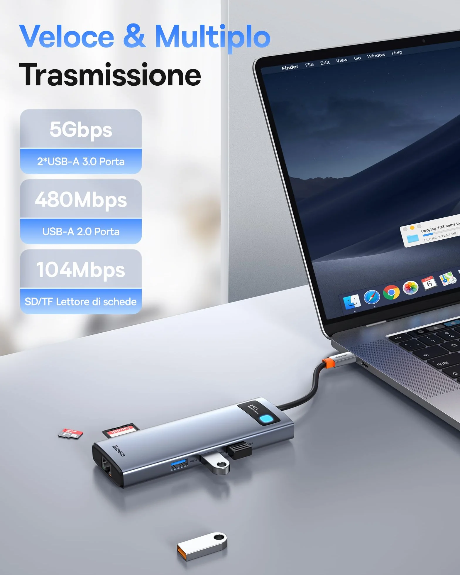 Baseus Docking Station 9 in 1 USB C 4K120Hz, 2 Monitor HDMI, Hub USB C, Ethernet 1000 Mbp, PD 100W, lettore di schede TF/SD, USB 3.0, Adattatore per MacBook/Dell/HP/Lenovo e altri PC