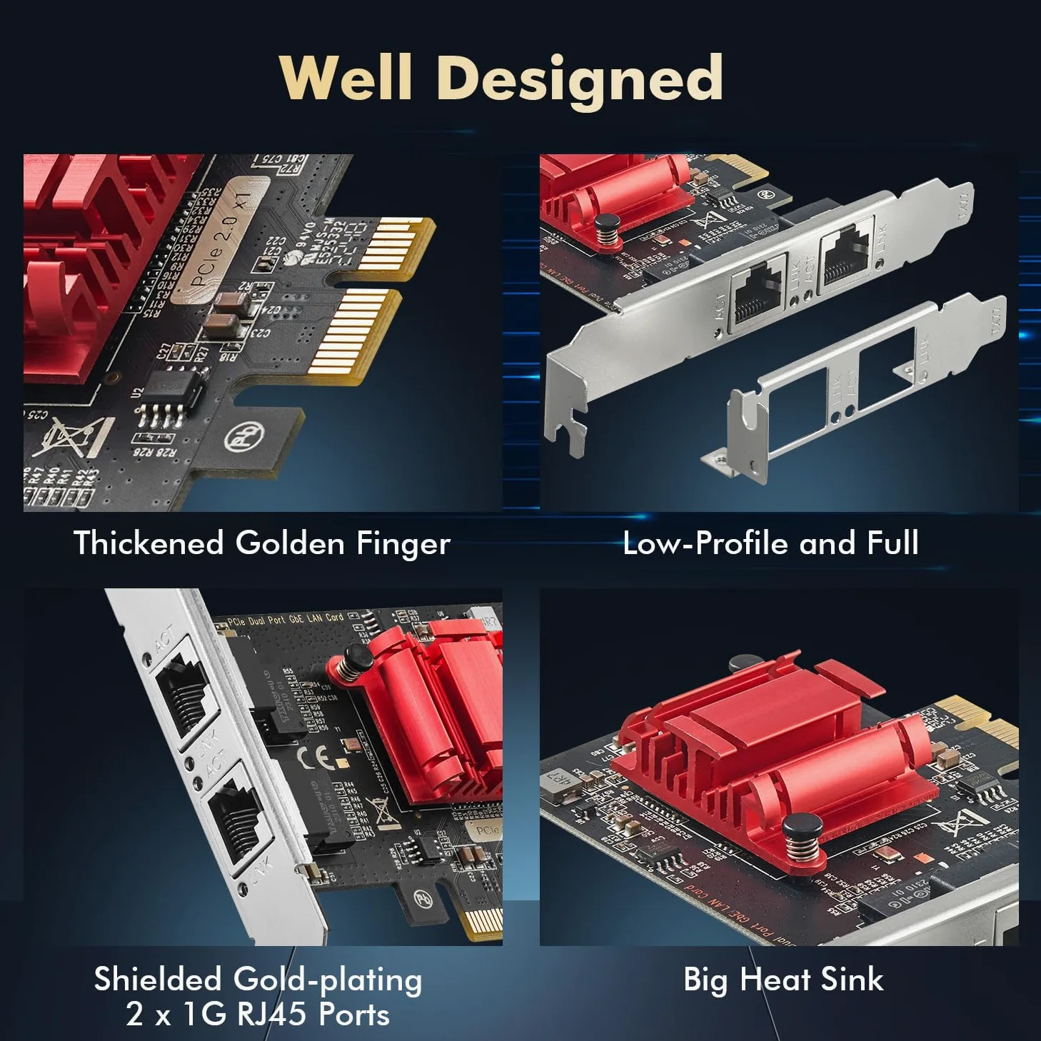 Adattatore di rete PCIe Gigabit a 2 porte, controller Intel 82575/82576 1000/100 Mbps Binardat Ethernet LAN scheda per Windows/Linux