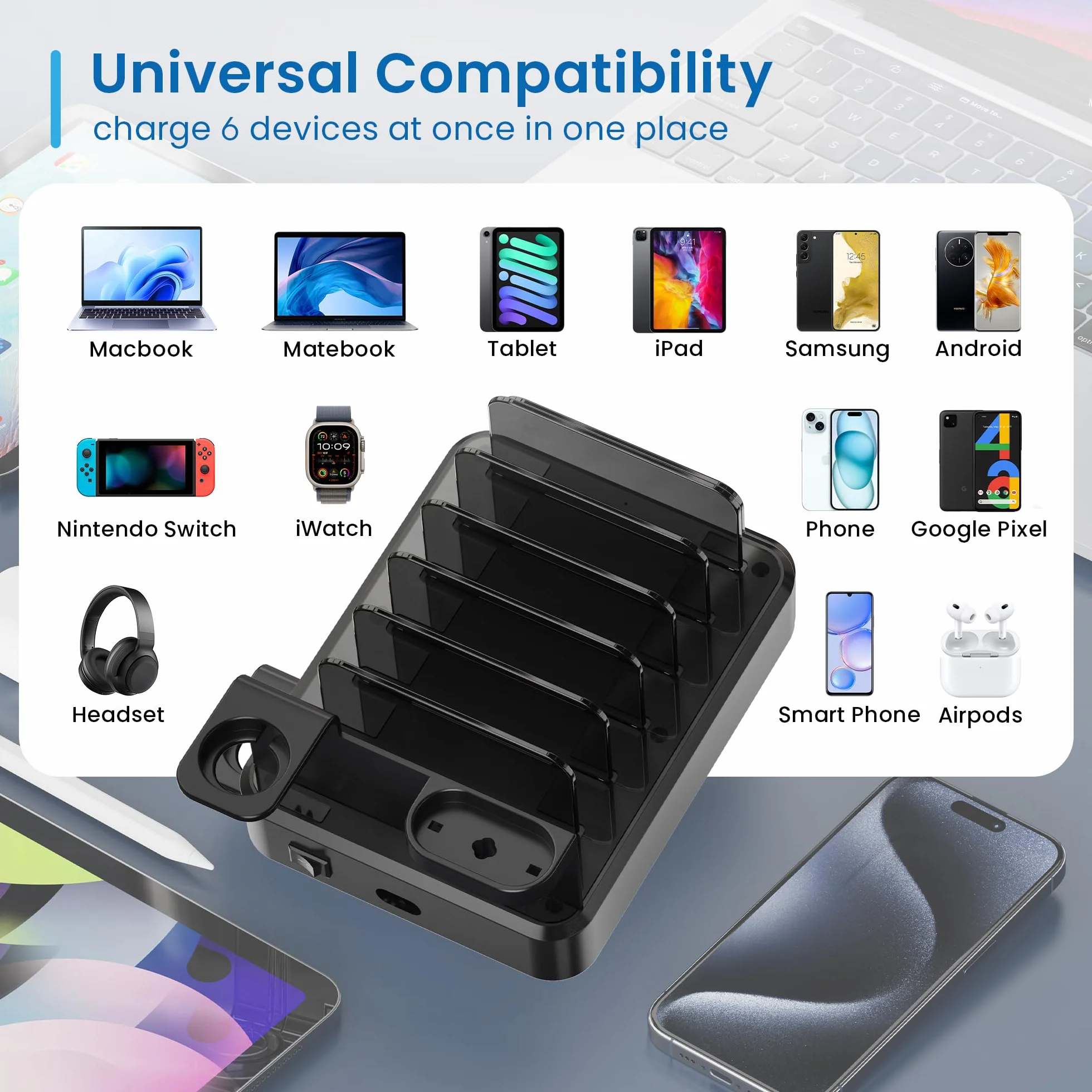 Ewent Stazione di Ricarica Universale 6 Porte USB (4xUSB-C 65W+2xUSB-A), Europlug 130W, con Supporto SmartWatch e Auricolari, Per Smartphone/Tablet/Laptop, Ricarica Rapida PD3.0/QC3.0, Design Compatto