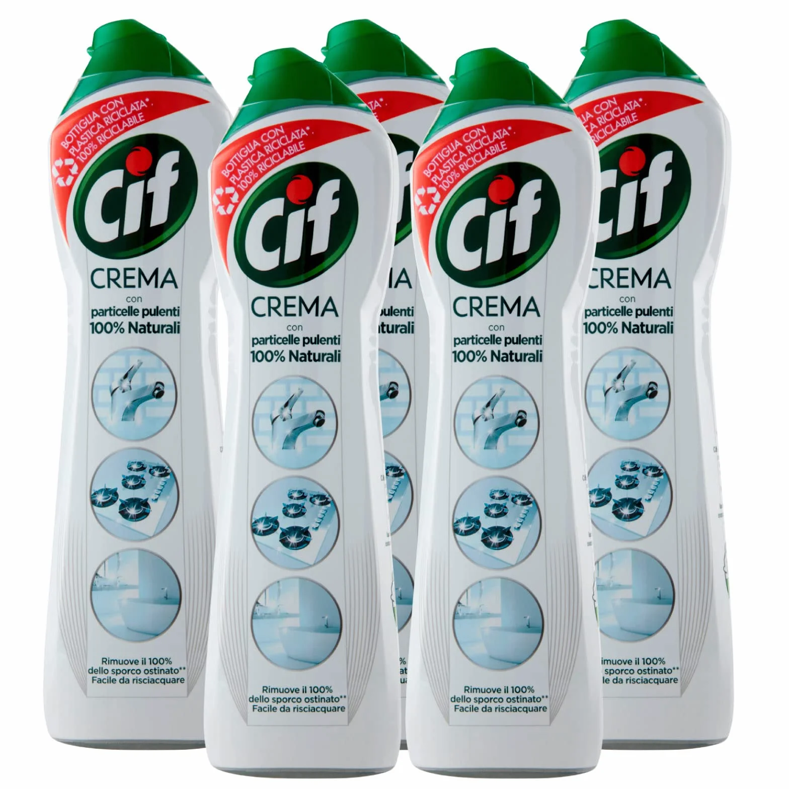 Cif Detergente in Crema con Particelle Pulenti 100% Naturali 5 Flaconi da 500 ml