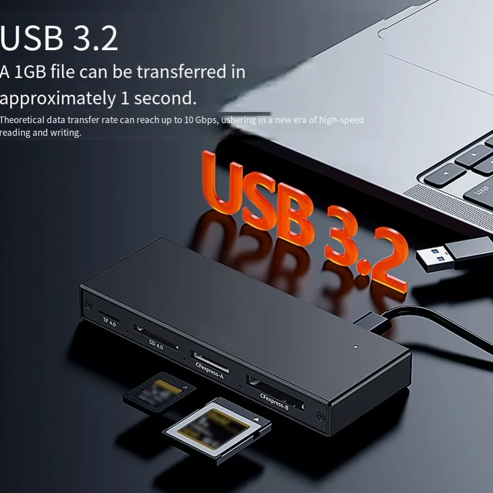 Lettore di schede in alluminio 5x USB 3.2 per fotocamera per sd alluminio | Supporta CFeA, CFeB, per SD, TF, USB 3.2, velocità 10 Gbps e play, nessun driver necessario