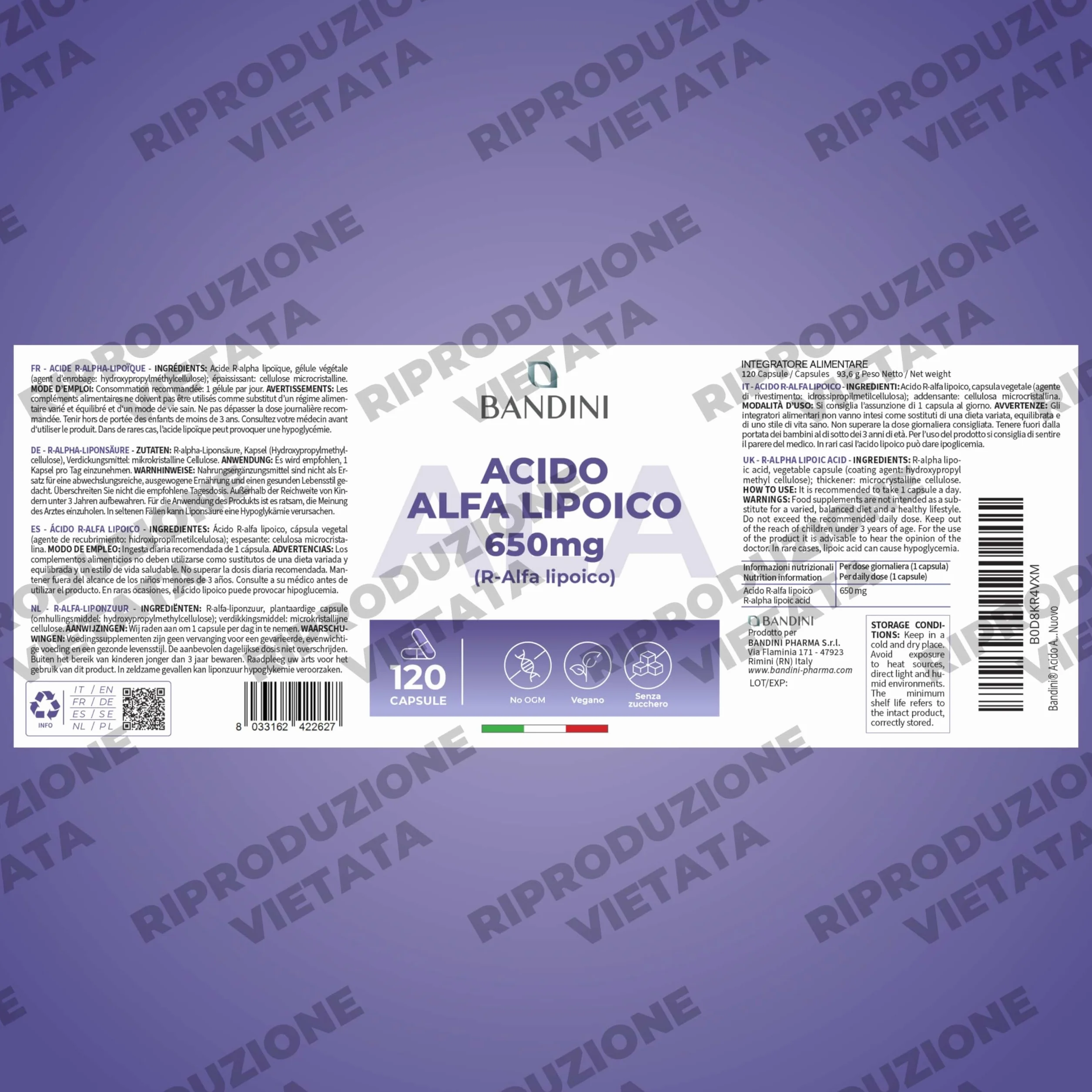 Bandini Acido Alfa Lipoico 650 mg 120 Capsule Rilascio Ritardato Antiossidante Naturale Vegan ALA