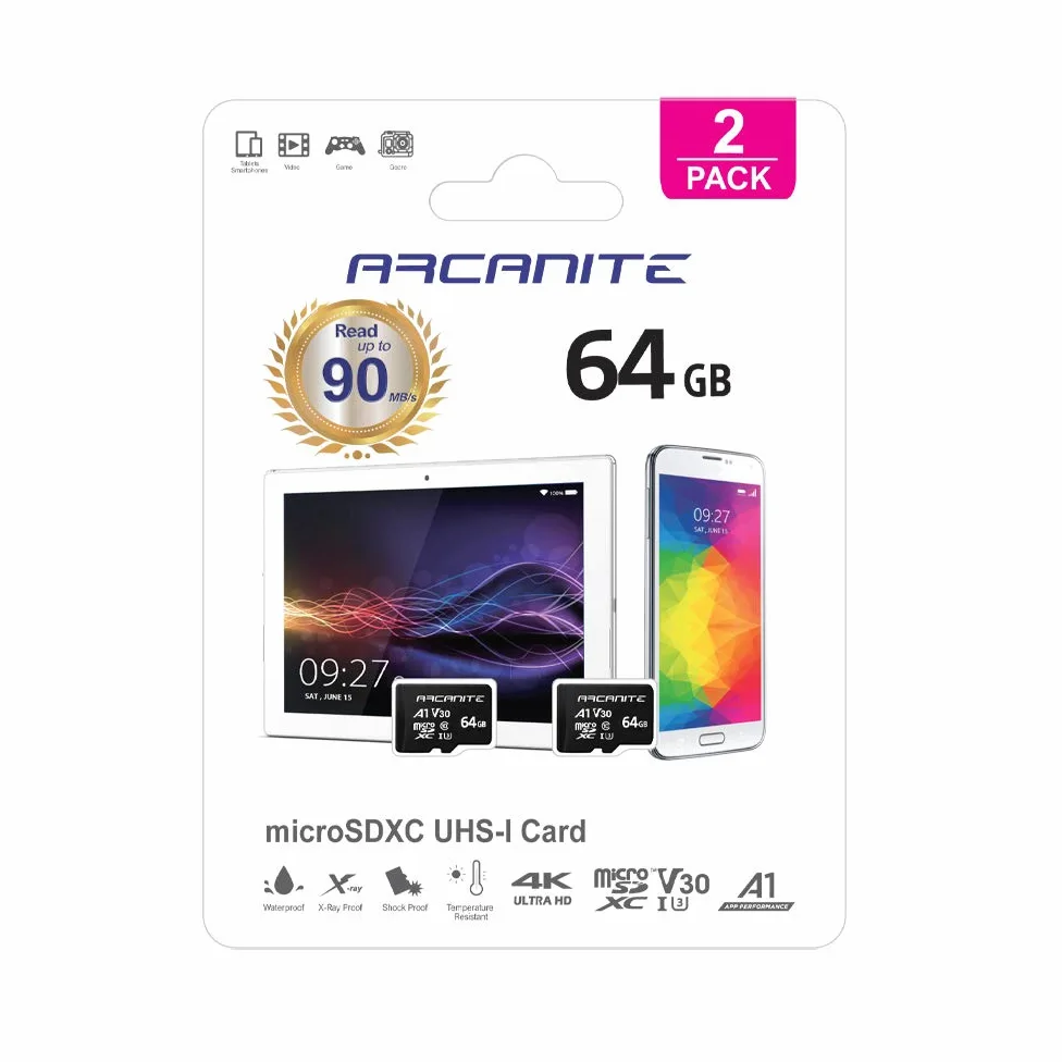 ARCANITE, set da 2 schede di memoria microSDXC 64 GB, UHS-I U3, A1, V30, 4K, C10, MicroSD, Velocità di lettura fino a 90 MB/s