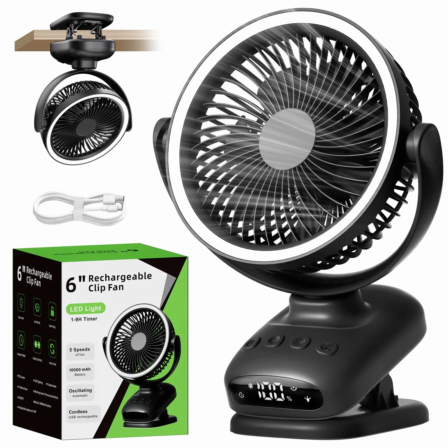 WUQNGI Mini Ventilatore Portatile,10000mAh Silenzioso Ventilatore da Tavolo,USB Ventilatore da Scrivania Potente con Pinza e Timer,Oscillante,Ricaricabile,Luci LED per Notte Camper Passeggino Ufficio