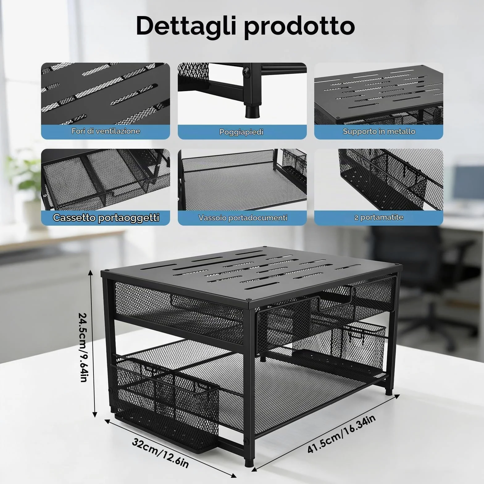 Supporto per monitor, organizer da scrivania in metallo con cassetto e 2 portapenne, rialzo ergonomico per monitor per stampante, laptop e ufficio, espositore a 2 livelli (nero)