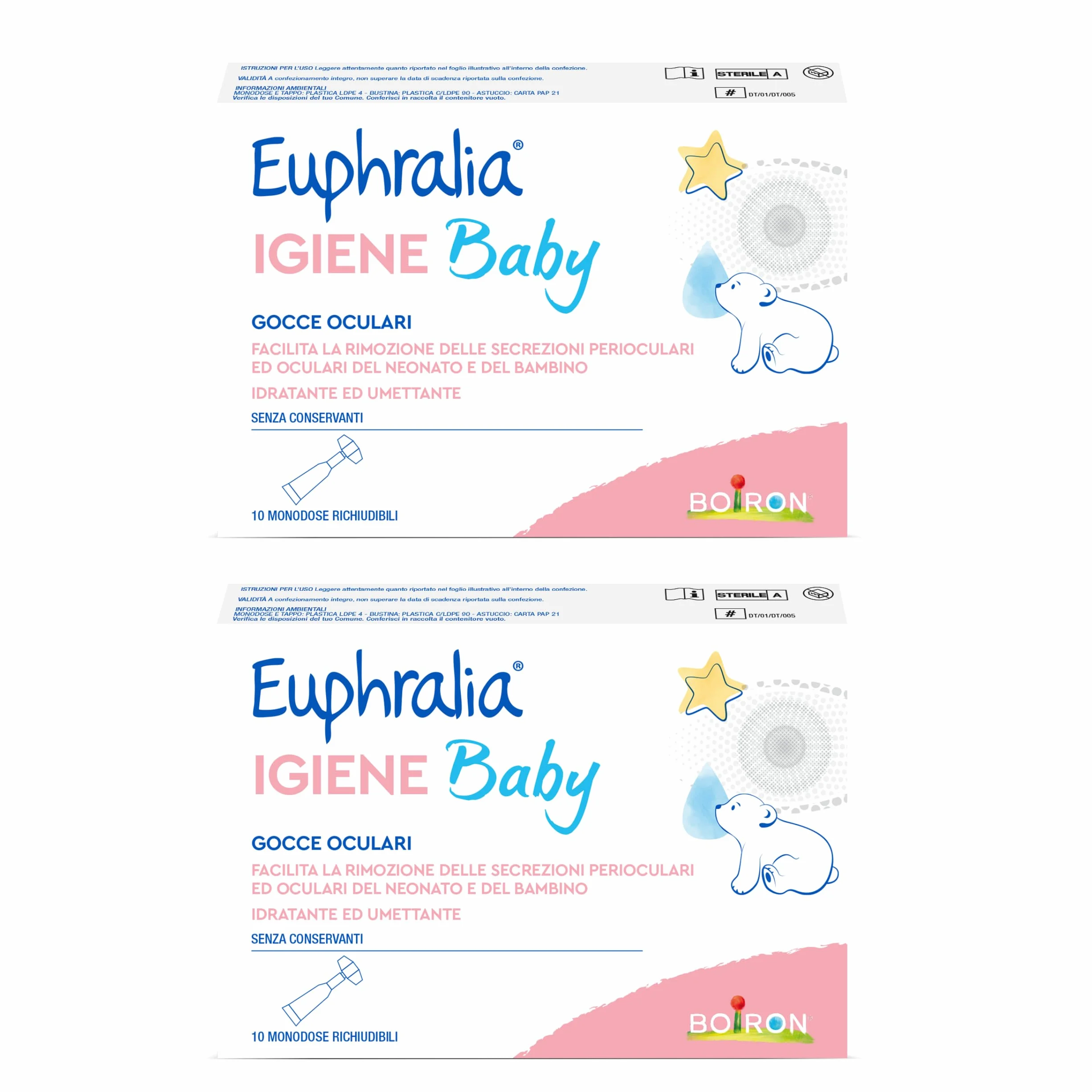 Euphralia Igiene Baby Gocce Oculari Pulizia Occhi Neonato Bambino Detergente Decongestionante Acque Distillate Eufrasia Echinacea 2 Confezioni da 10 Monodose 2x10