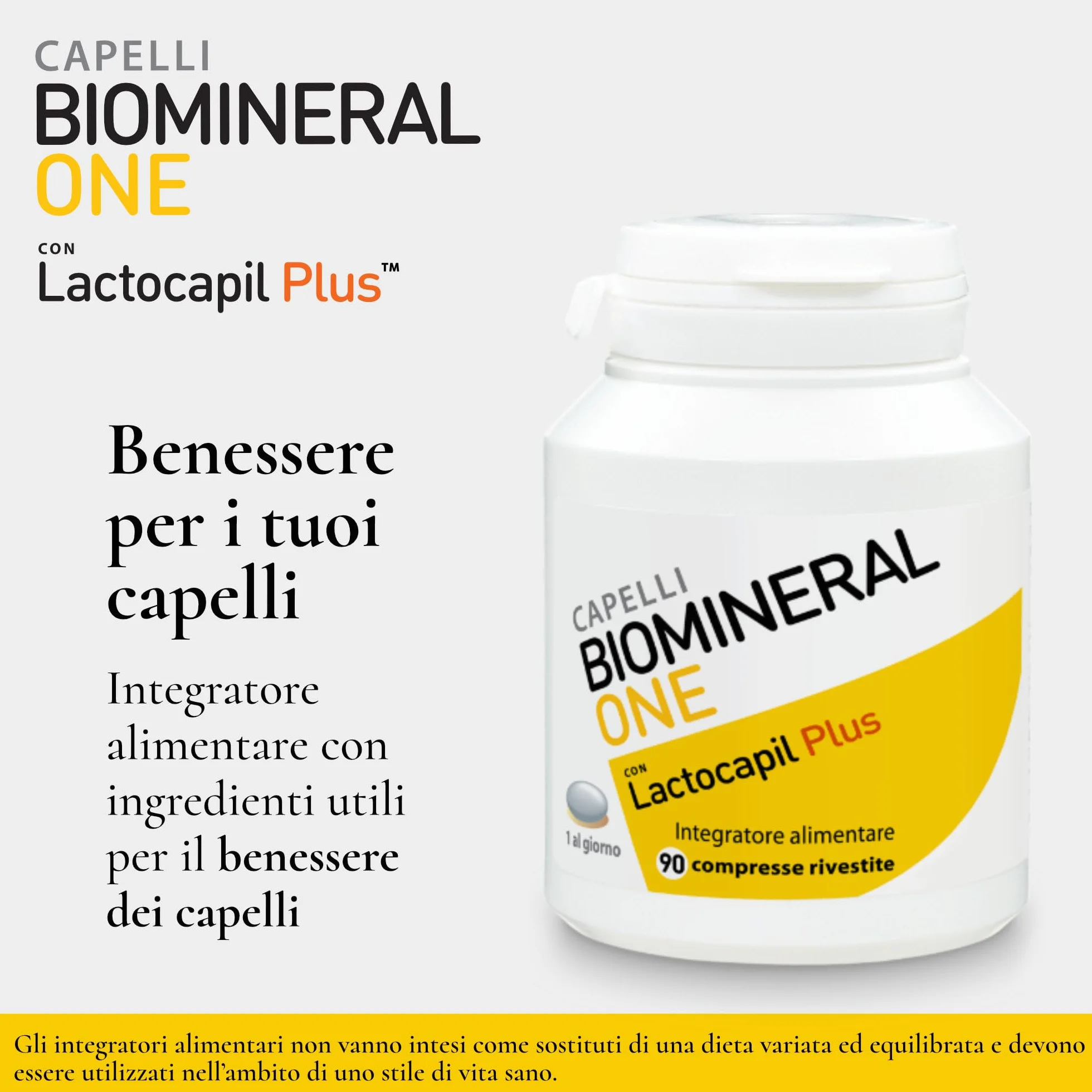 Biomineral One Capelli Più Forti 90 Compresse Integratore per Capelli con Lactocapil Plus Biotina Vitamina D Acido Linoleico e Taurina