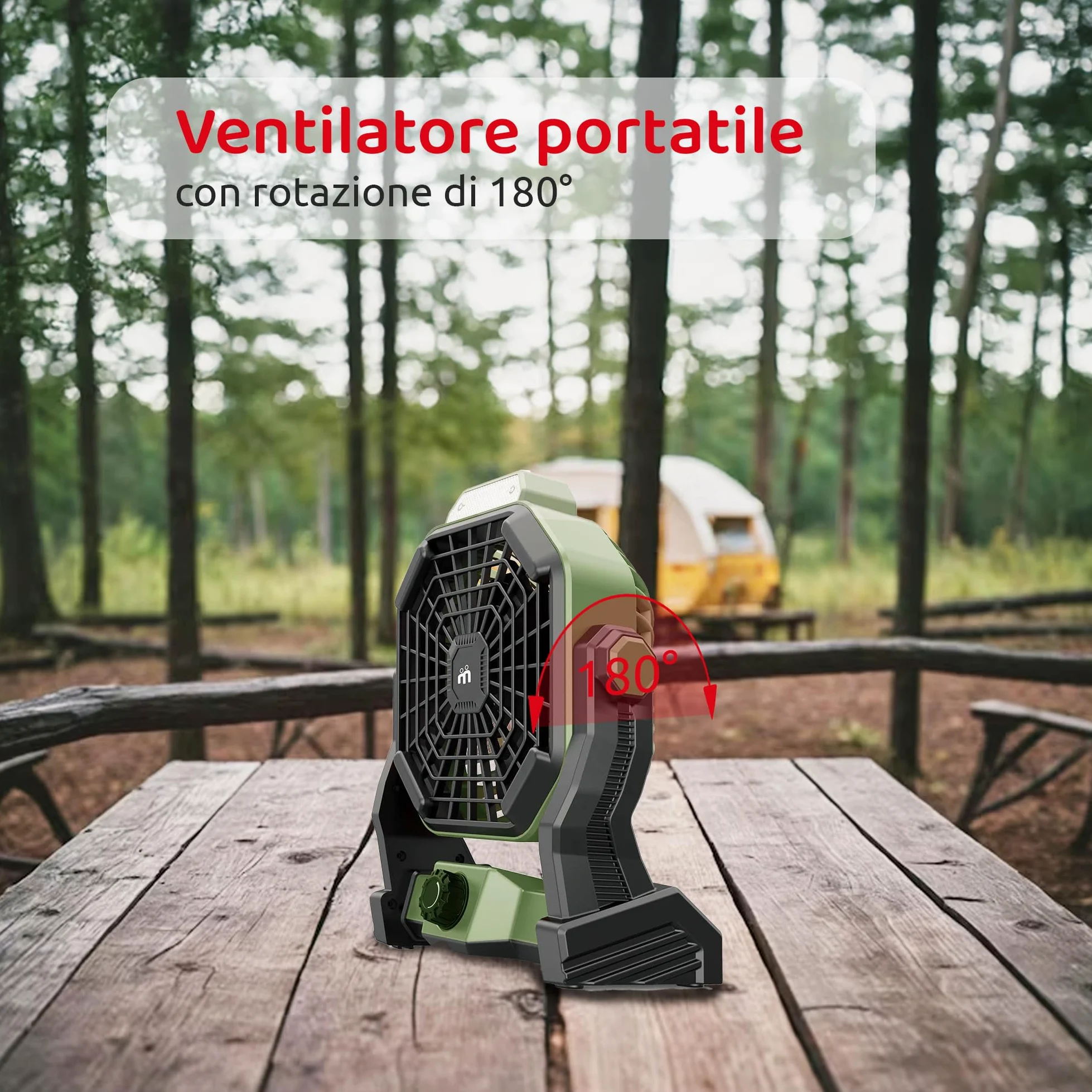 Melchioni Family | Ventilatore Portatile da Campeggio Ricaricabile con Luce, Batteria Incorporata da 5200 mah Ricaricabile tramite Cavo USB