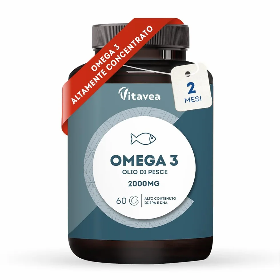 Omega 3 Olio di Pesce 2000 mg EPA 500 mg DHA Alto Dosaggio 60 Capsule Softgel Integratore Acidi Grassi Essenziali
