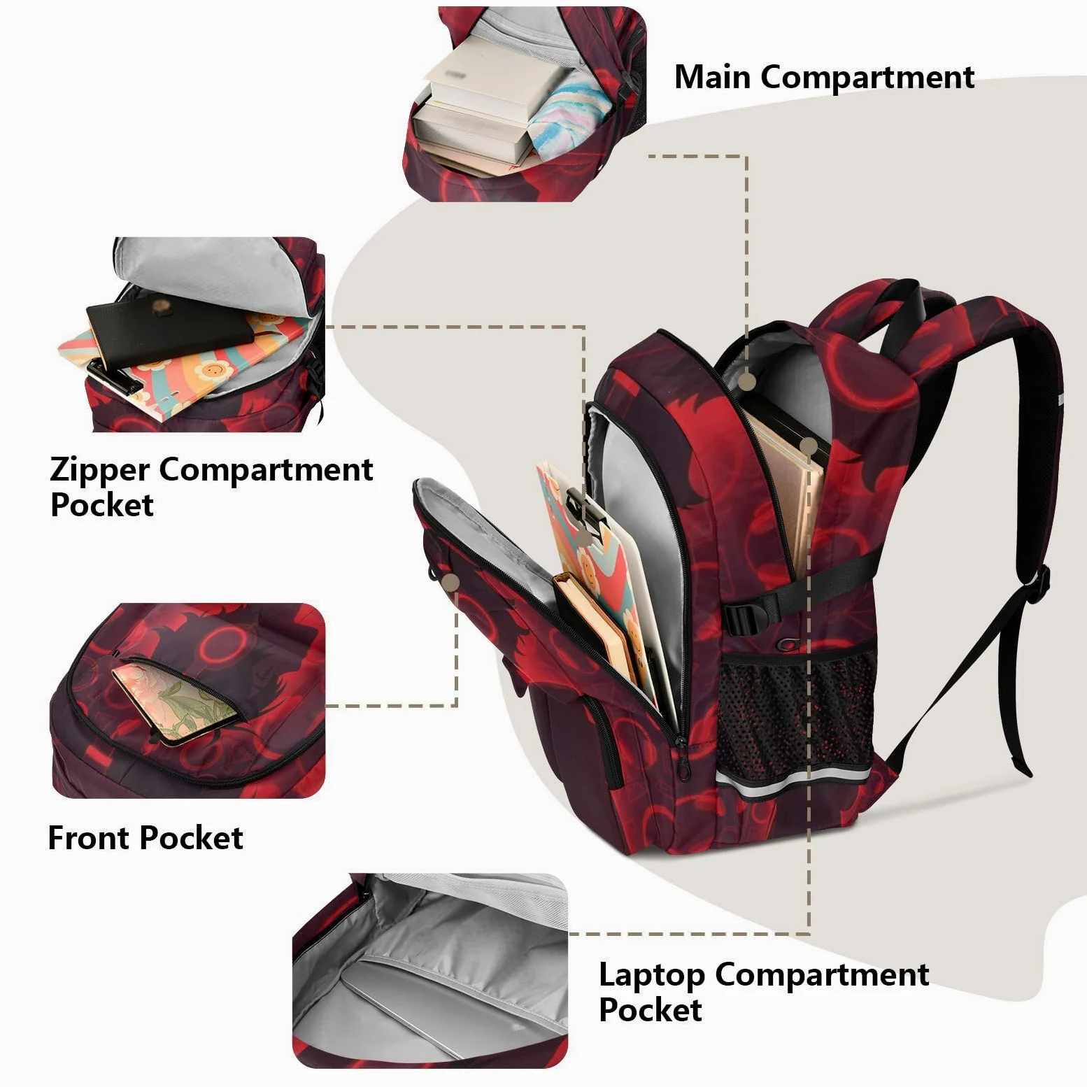 Zaini da viaggio per computer portatile, con motivo anime, con cuffie, colore rosso, 44,5 cm