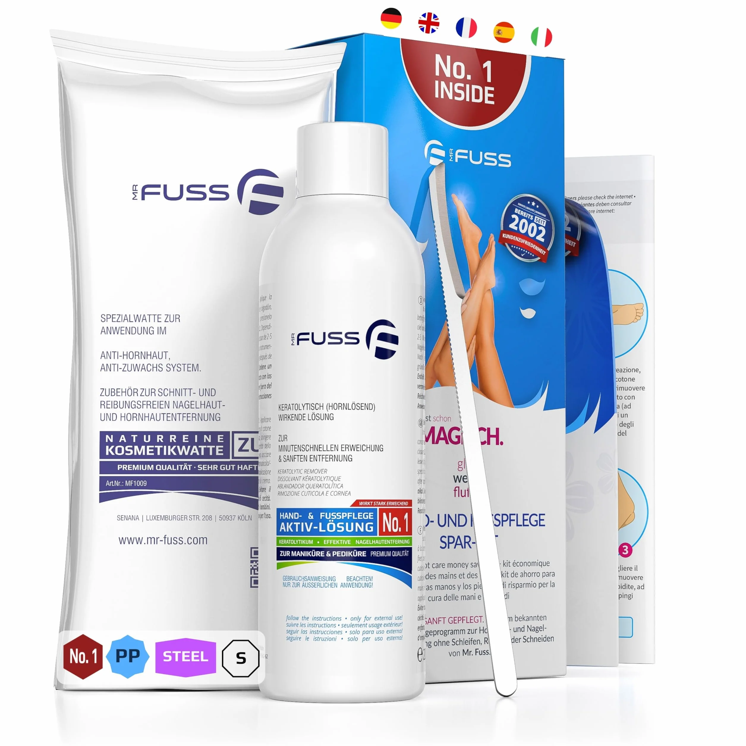 Mr. Fuss N. 1 Plus Pack Steel Piccolo 200 ml confezione risparmio rimozione cuticole calli acciaio inossidabile