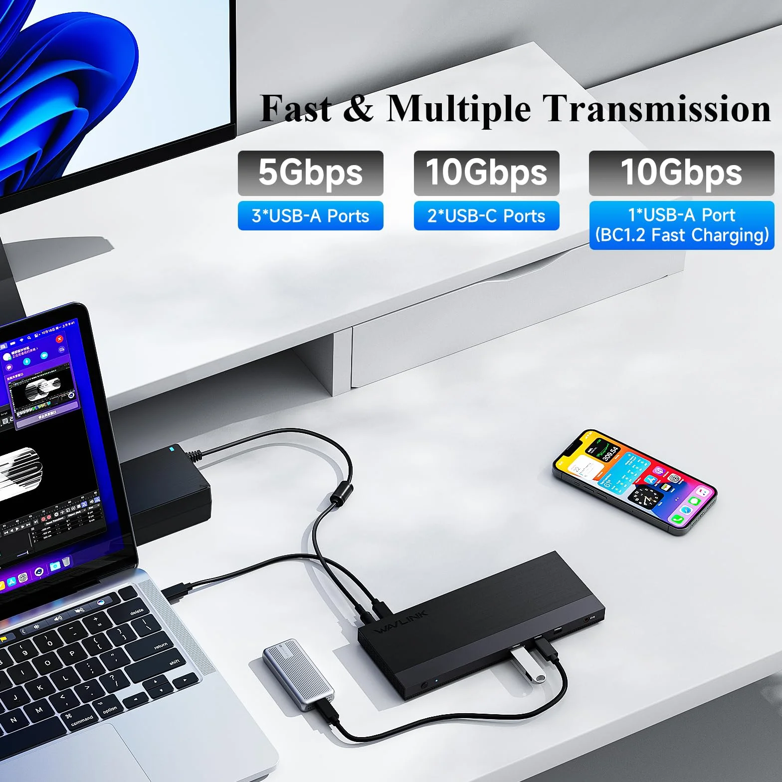 Docking station USB-C WAVLINK 12-IN-1, alimentazione 100 W, 2DP+HDMI, 4 USB-A, 2 USBC Gigabit Ethernet 10 Gps, dock per laptop con triplo display