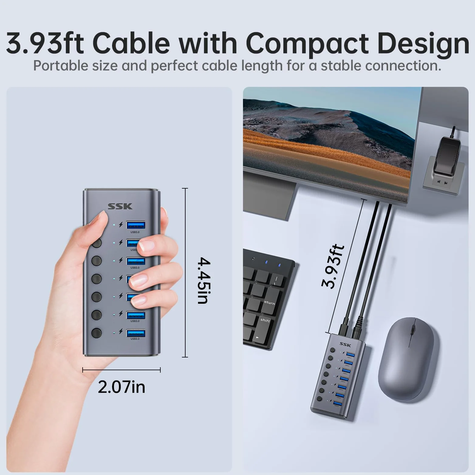 SSK Hub USB 3.0 alimentato a 7 porte, splitter di estensione USB in alluminio con interruttori e LED individuali, hub di ricarica USB a 5 Gbps di dati con adattatore DC12V3A e cavo da 3,93 piedi