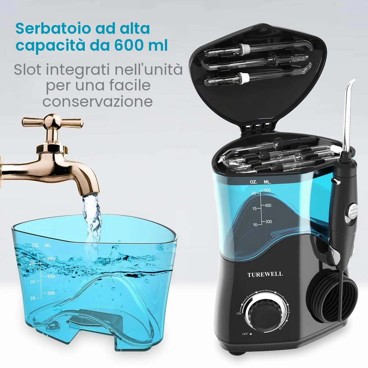 Idropulsore Dentale TUREWELL 8 Ugelli Multifunzione 10 Pressione Regolabile 600ml Nero