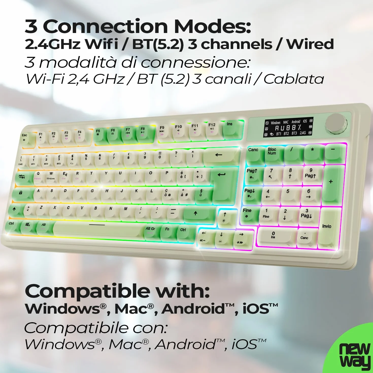 Tastiera Senza Fili Ricaricabile NEWWAY NK251 Layout Italiano QWERTY Tripla Modalità WiFi 2.4 GHz Bluetooth USB-C Display LCD Rotella Multifunzione Retroilluminazione RGB