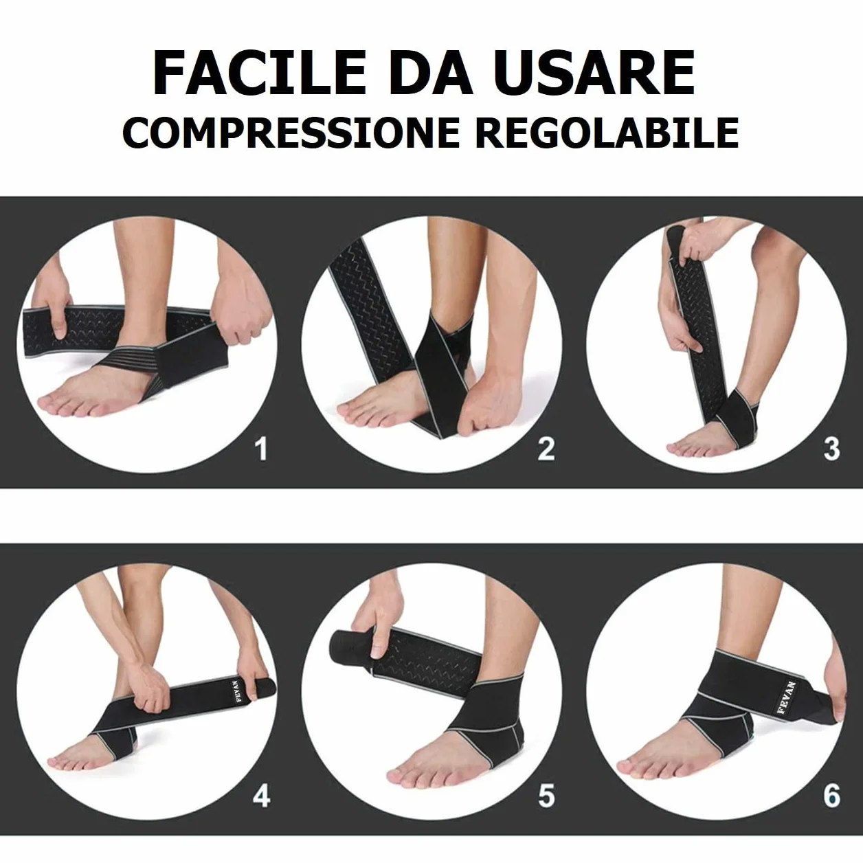 FEVAN Cavigliera Ortopedica Regolabile Antiscivolo - Tutore Caviglia per Distorsione (Nero/Grigio)