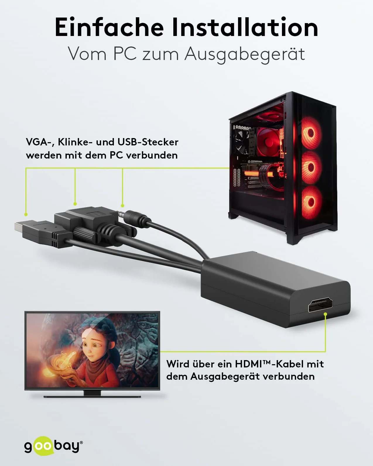 Goobay 61259 Adattatore VGA a HDMI per Full HD 1080p @ 60Hz - Converte VGA e Audio a Segnali HDMI - Cavo Monitor Nero
